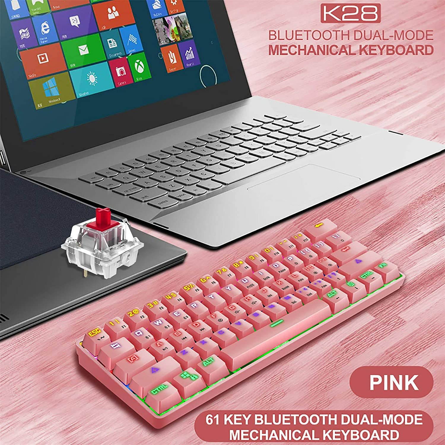 CUUWE K28 Wireless Bluetooth 61-Key Dual-Mode RGB Backlit Waterproof Mechanical Gaming Keyboard - Office Keyboard -Gaming Keyboard