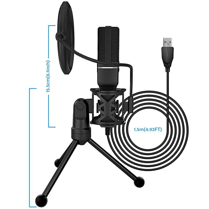 USB Microphone, Computer Microphone for PC Gaming Condenser Mic with Tripod Stand and Pop Filter for Recording Voice Over, Streaming Twitch,Podcasting,Compatible with Desktop Laptop Computer
