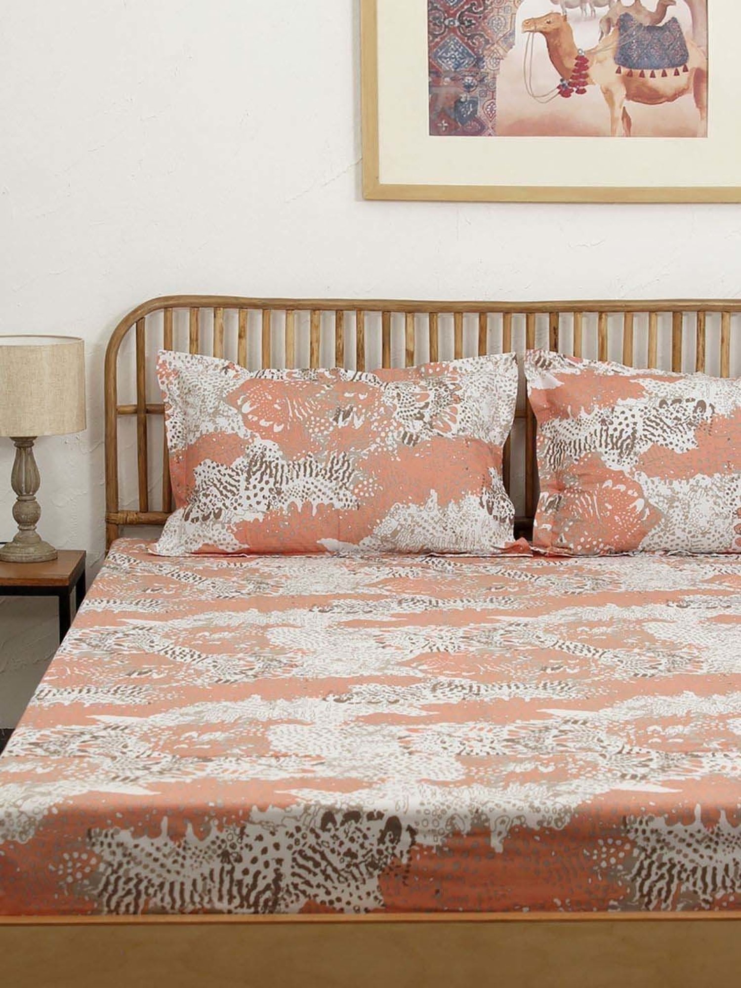 House This Mashak Peach Cotton 180 TC King Bedsheet with 2 Pillow Cover