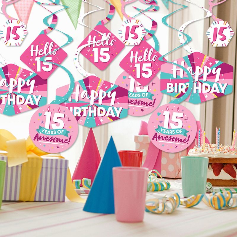 Big Dot of Happiness Girl 15th Birthday - Teen Birthday Party Hanging Decor - Party Decoration Swirls - Set of 40