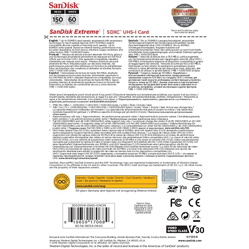 64GB Extreme SDXC UHSI Card C10 U3 V30 4K UHD SD Card SDSDXV6064GGNCIN