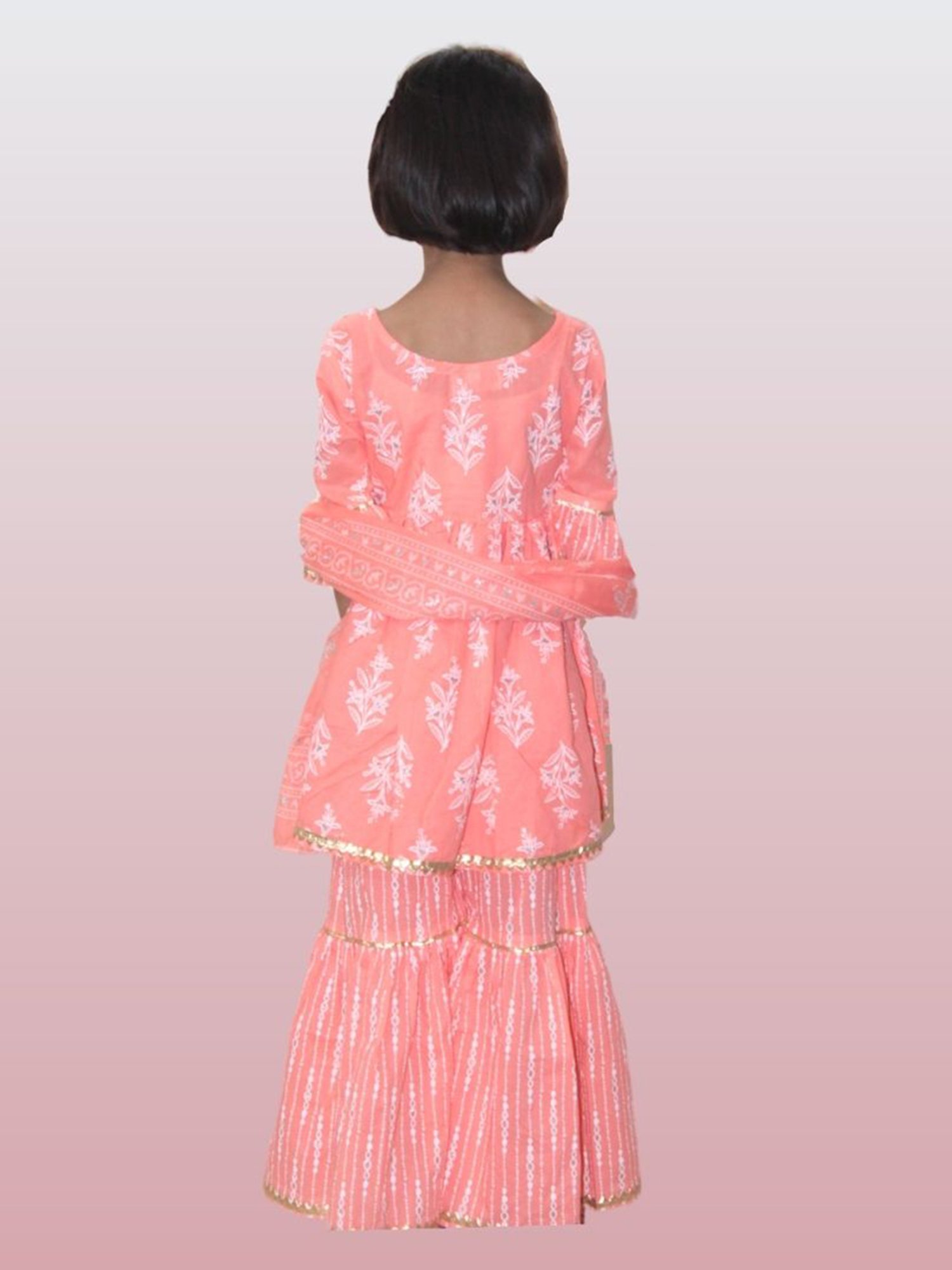 Tippy Top Kids Peach Floral Print Kurta, Sharara with Dupatta