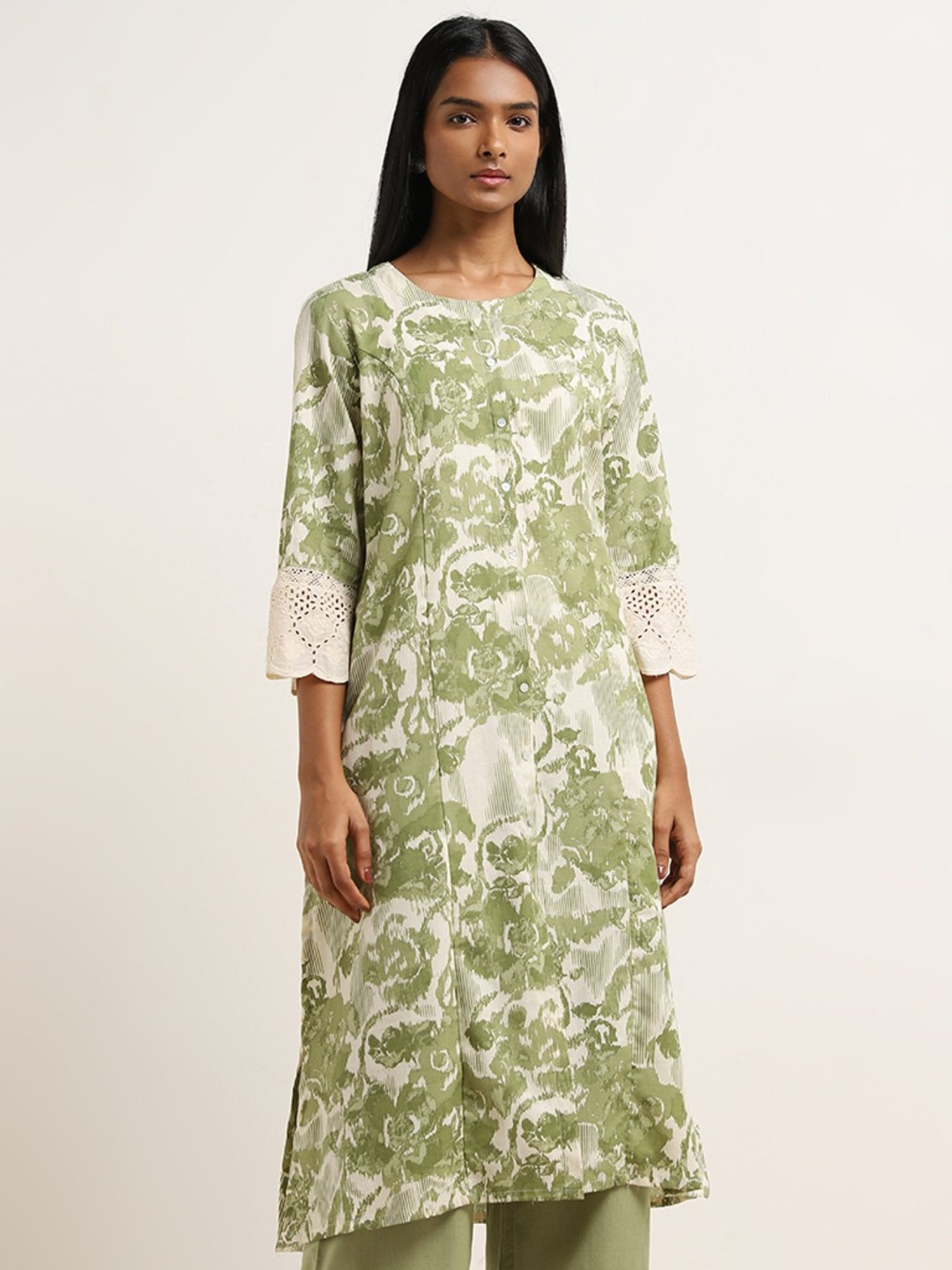 Utsa by Westside Green Ikat Printed A-Line Cotton Kurta