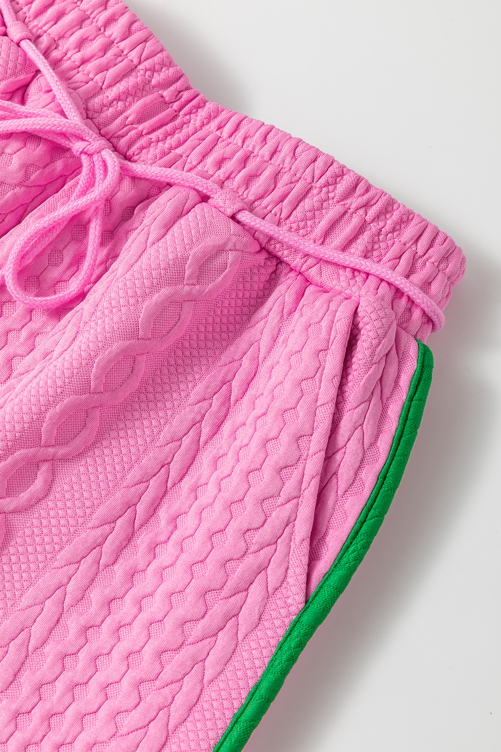 Pink Textured Contrast Trim Tee & Drawstring Shorts Set
