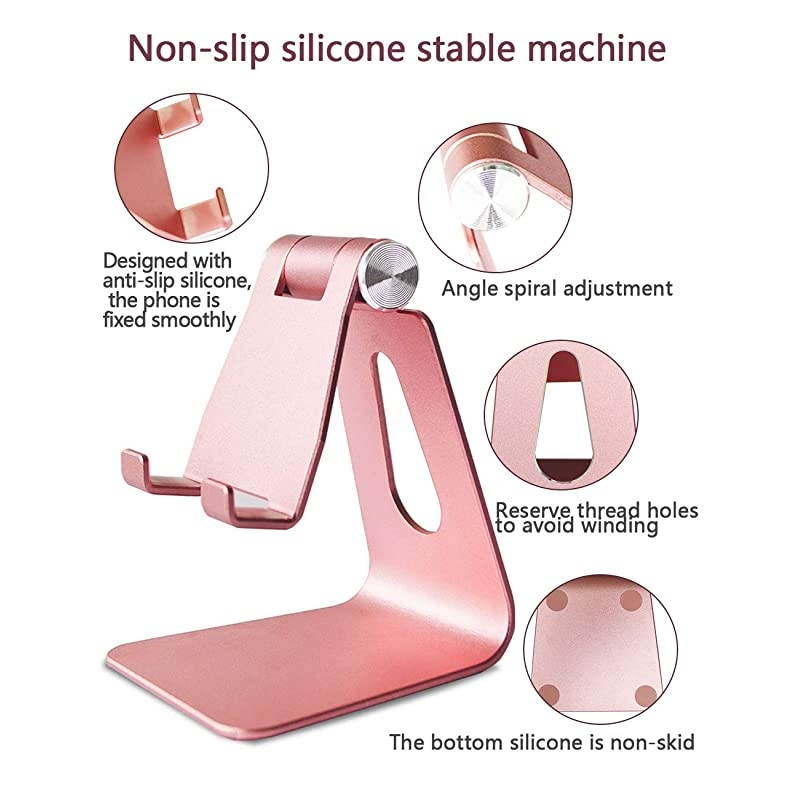 Adjustable Cell Phone Stand,  Phone Holder, Tablet Stand Dock, Aluminum Desktop Compatible with iPhone 12 iPad, Samsung Galaxy, Google Pixel All Smart Phone/Tablets Under 10 in-Rose Gold