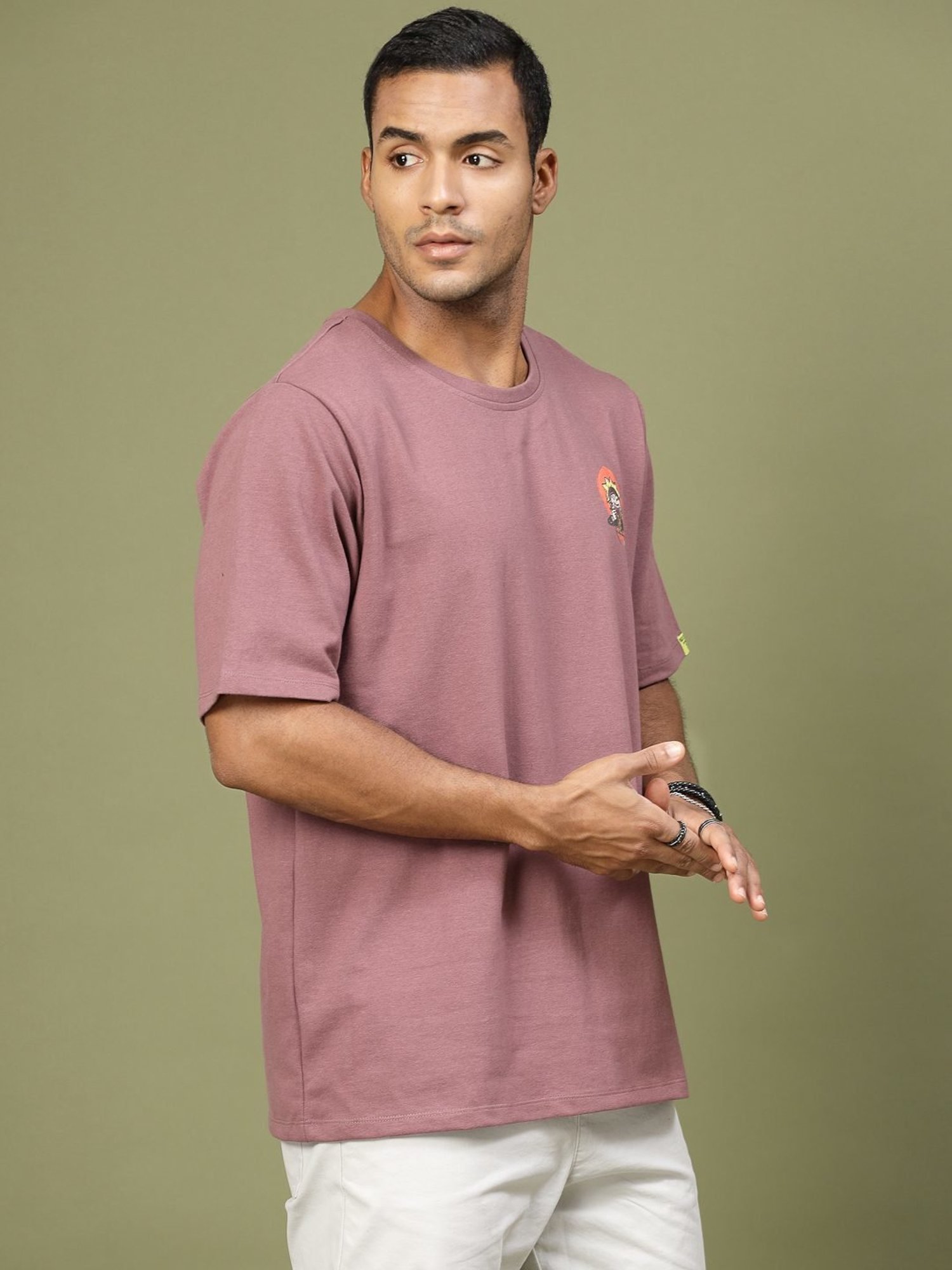 Rigo Mauve Cotton Loose Fit Typography T-Shirt