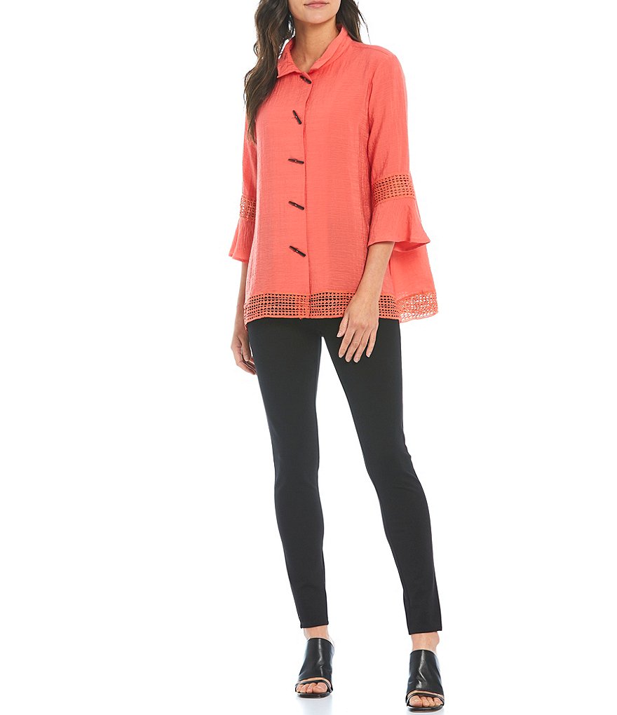 Ali Miles Petite Size Textured Crochet Hem Wire Neck Button Front Blouse
