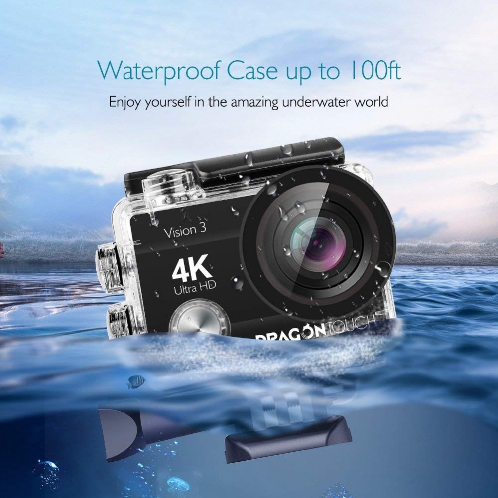 Dragon Touch Vision 3 4K Action Camera 16MP Underwater Waterproof Camera 170&deg; Wide Angle WiFi Sports Cam with Remote 2 Batteries and Mounting Accessories Kit