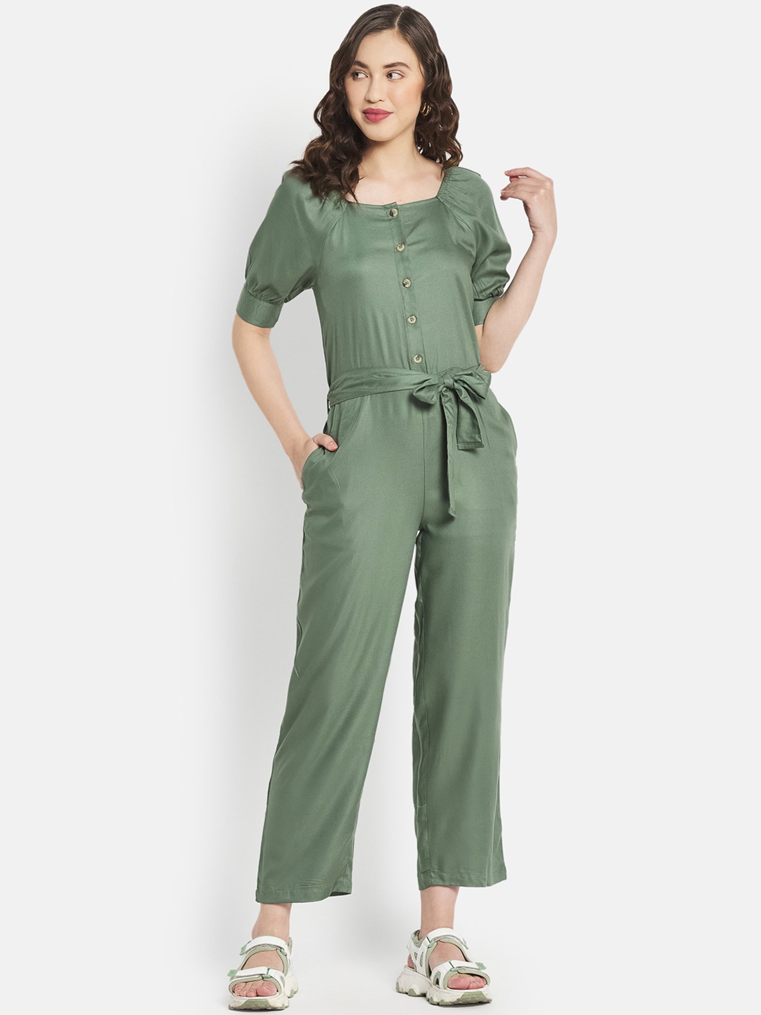 METTLE Olive Green Cotton Jumpsuit