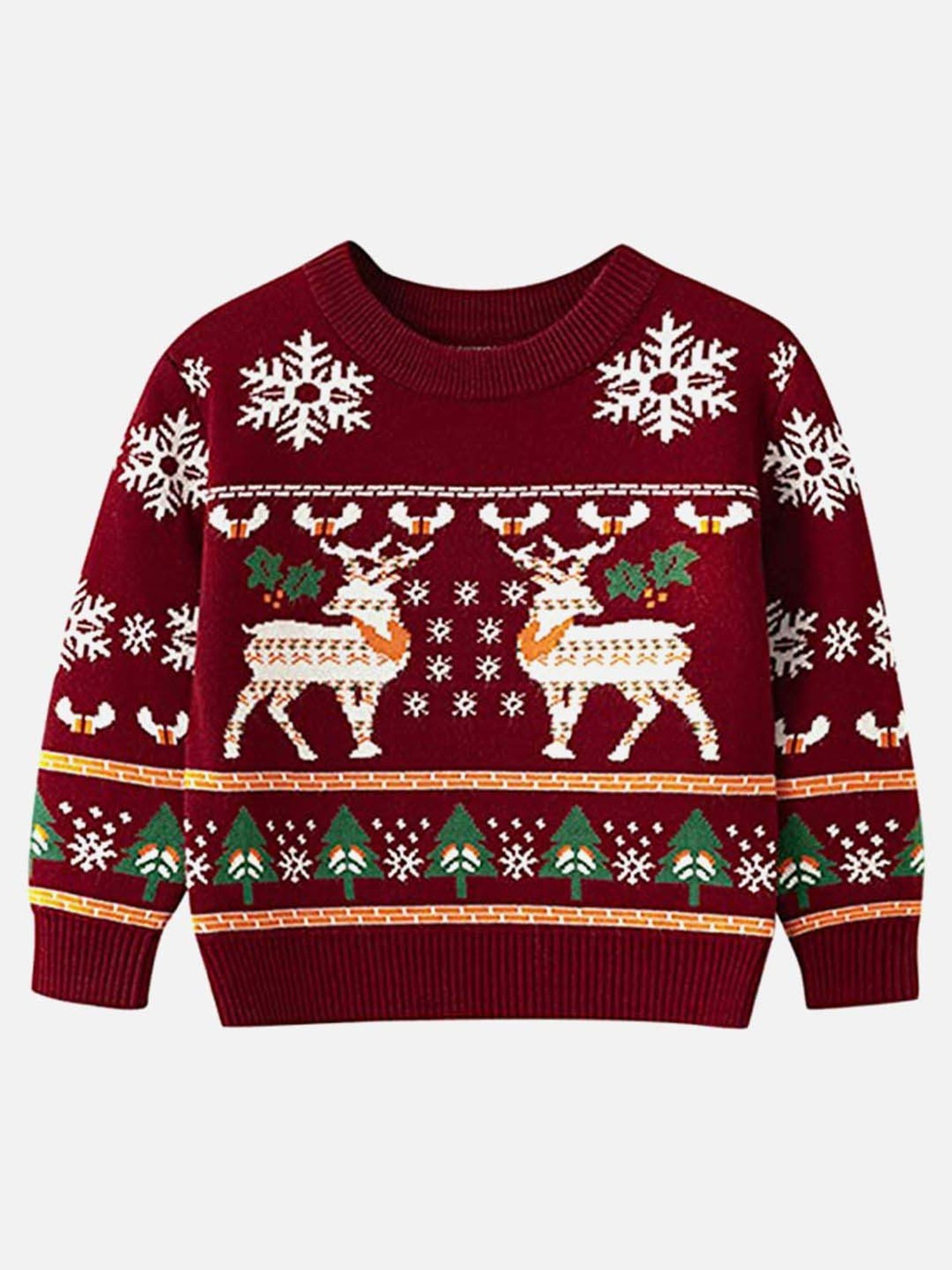 Little Surprise Box Snowflakes & Deer Maroon & White Printed Full Sleeves Sweater