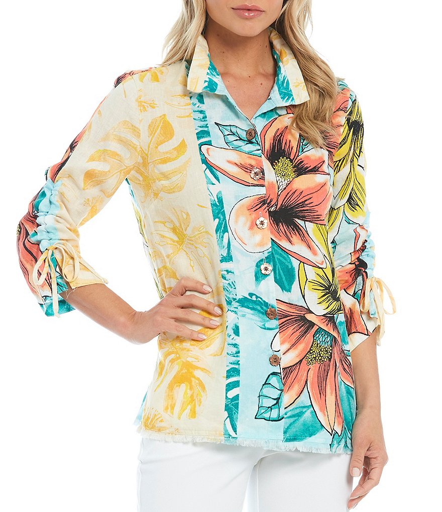 John Mark Floral Print Wire Neck Button Front 3/4 Tie Sleeve Linen Blouse