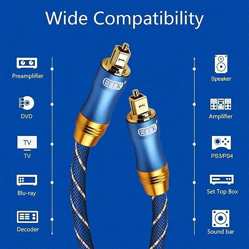 Audio Cable 10ft Toslink Cable with 90 Degree Adapter Nylon Braided 24K GoldPlated Flexible and Durable Fiber Optic Cord for Home TheaterSound barTVPS4Xbox Blue 3m90&deg; Connector