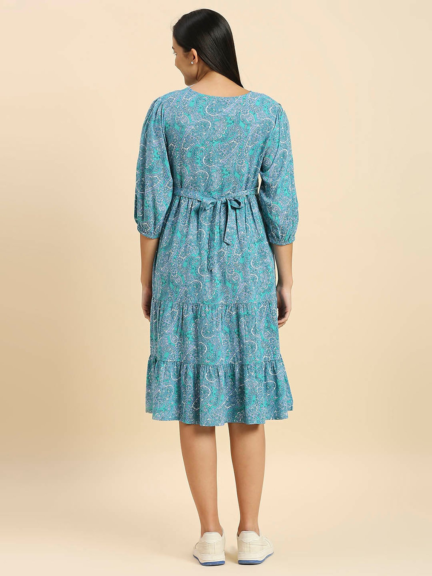 MomToBe Green Rayon Printed Maternity Midi Dress