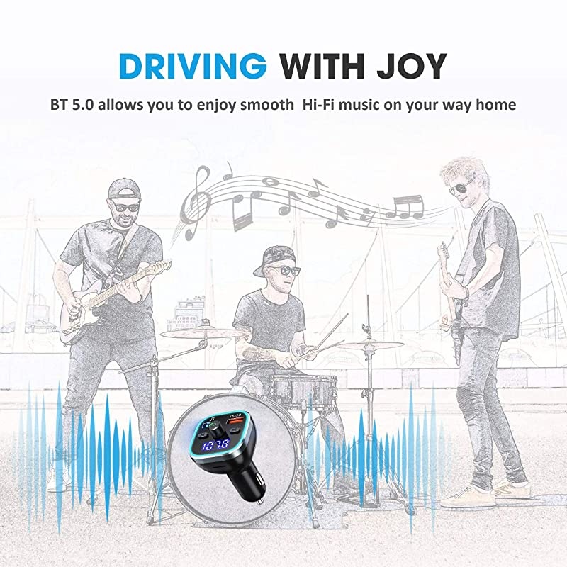 Bluetooth FM Transmitter for Car BT 50 QC30 Wireless Bluetooth FM Audio Adapter Music Player Car Kit with LED Backlit HandsFree Calling 2 USB Ports HiFi Music Support U DiskTF Card
