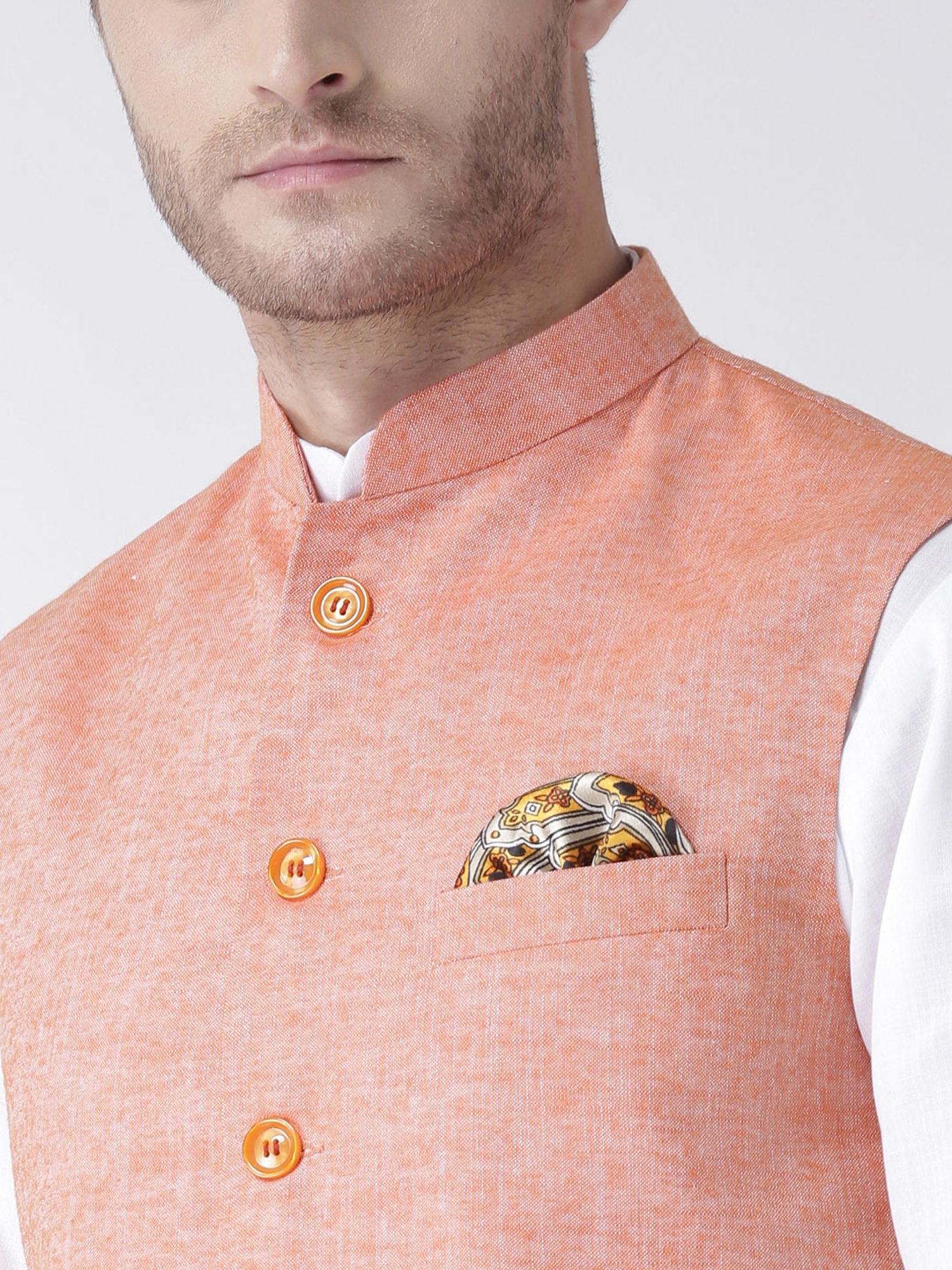 Hangup Plus Orange Regular Fit Linen Nehru Jacket