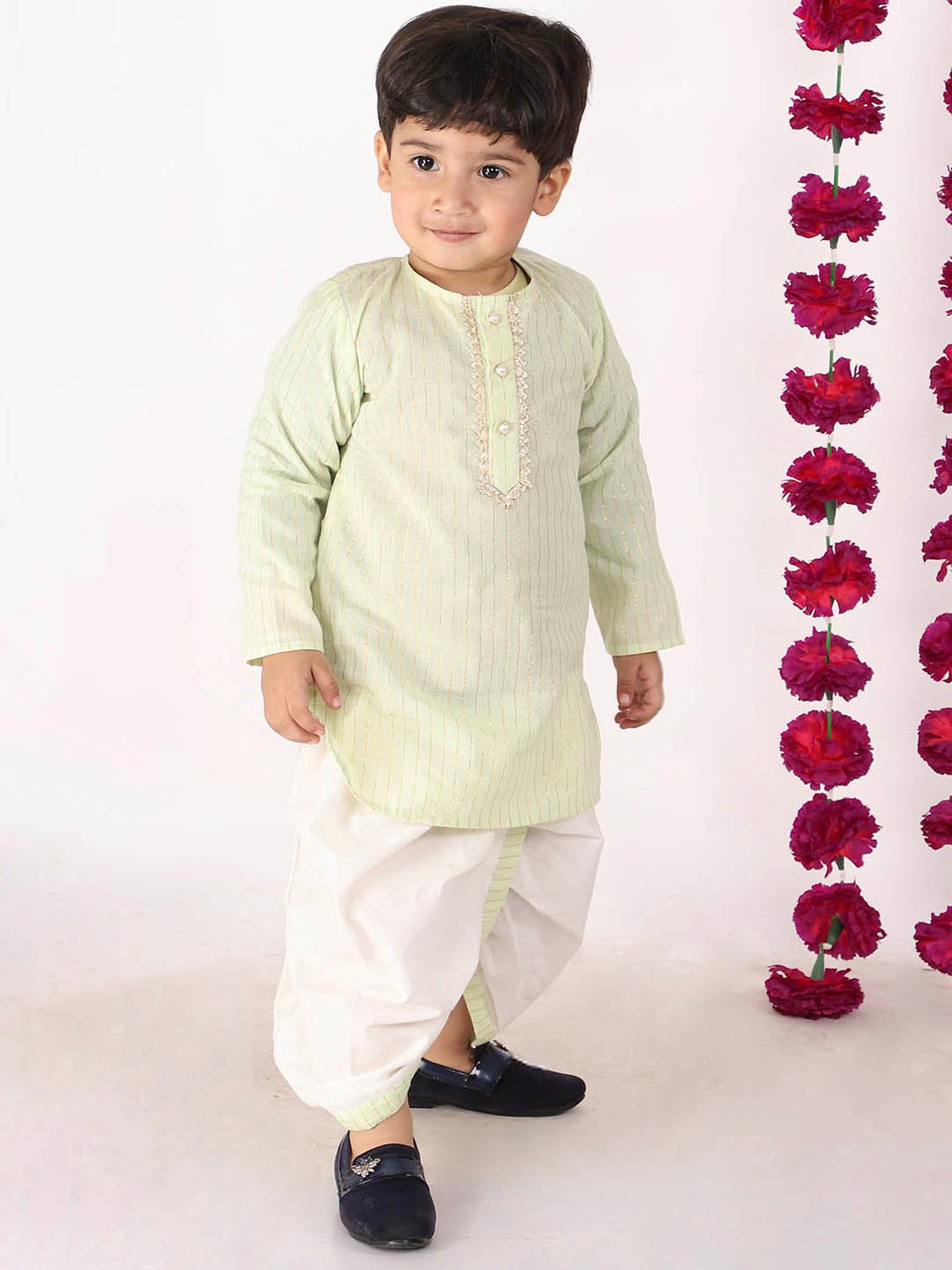 Little Bansi Kids Green & White Striped Kurta with Dhotis