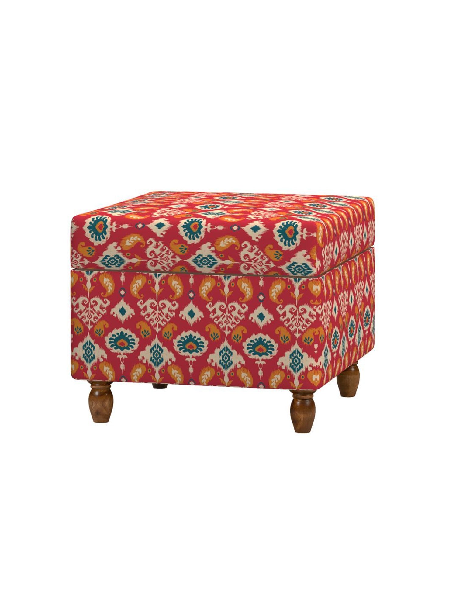 Chumbak Ikat Red Mango Wood Modern Trunk Storage Ottoman