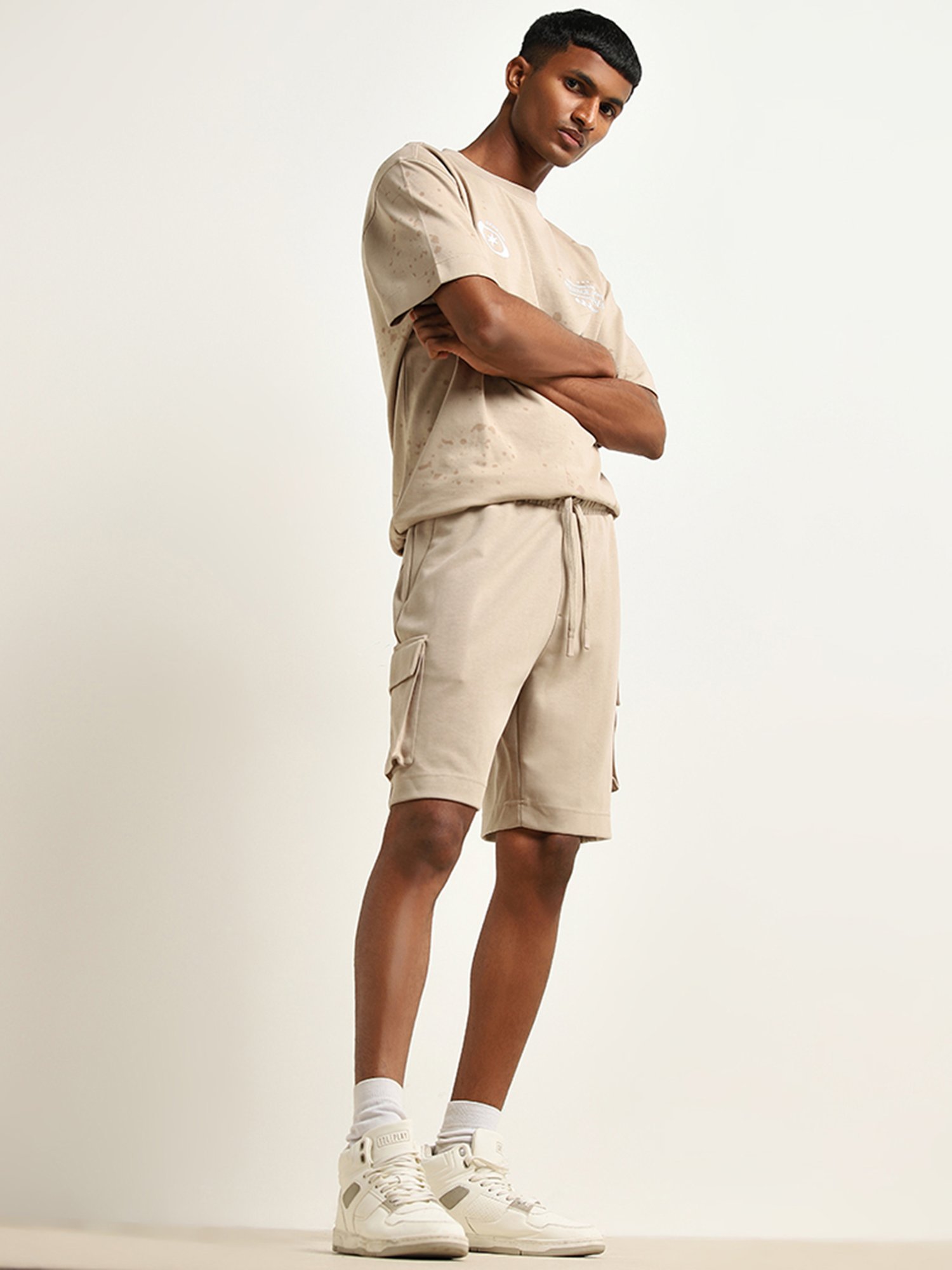 Studiofit by Westside Beige Cargo-Style Relaxed-Fit Mid-Rise Shorts
