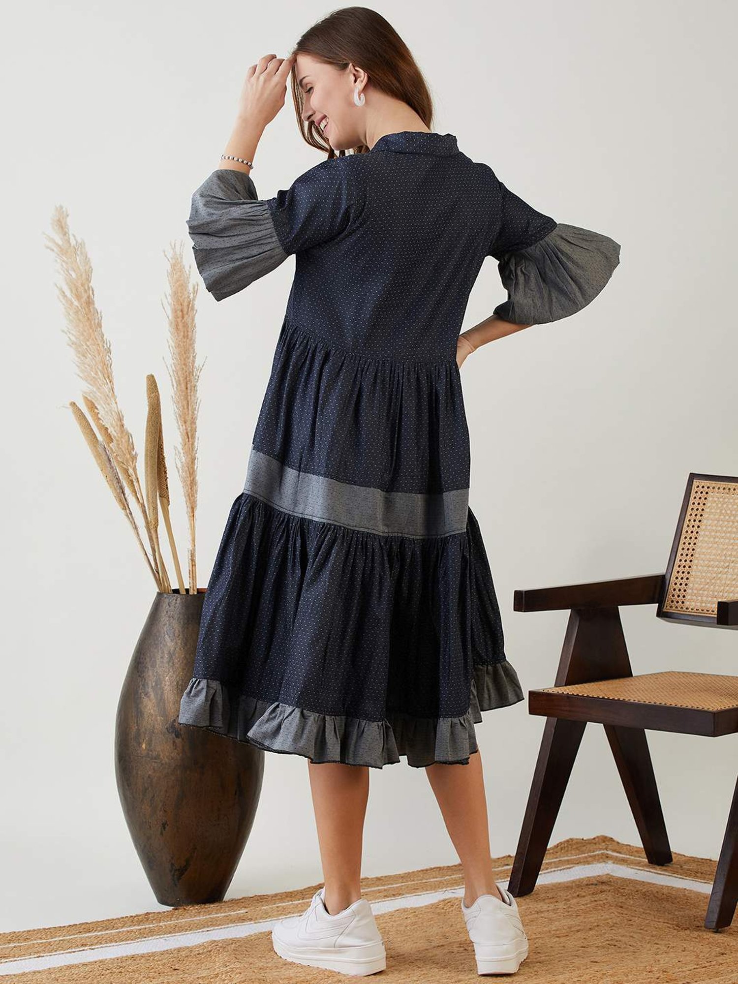 The Kaftan Company Navy Cotton Self Pattern A-Line Dress