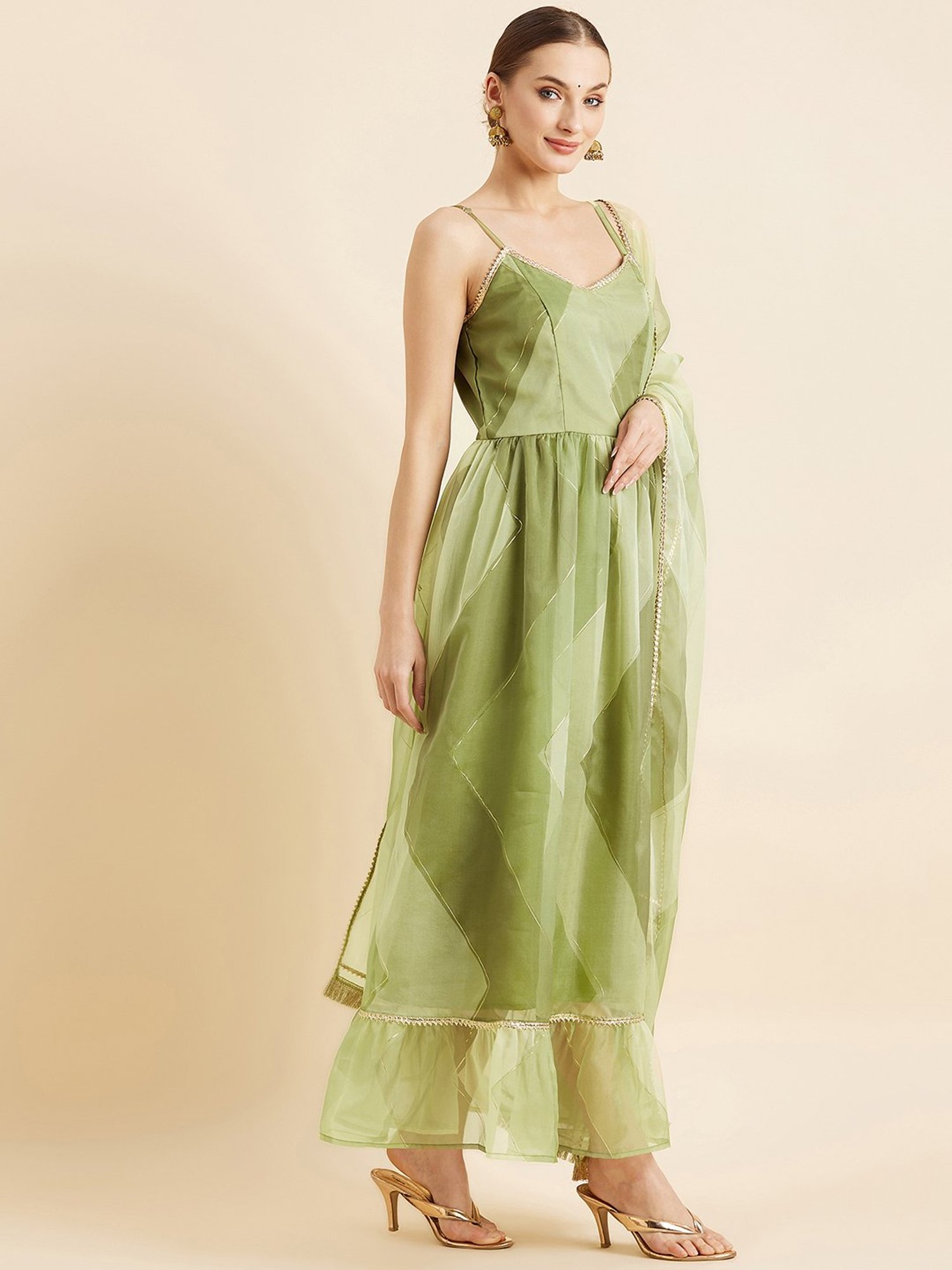 PANIT Green Printed Ethnic Dress With Dupatta