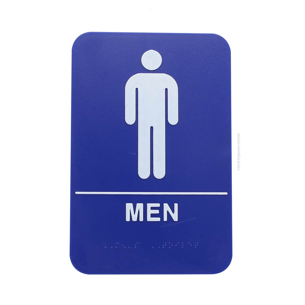 Men's Braille & Handicapped Restroom Sign - 6x9 ADA Bathroom Sign with Double Sided Adhesive Tape on Back - (Blue Background)