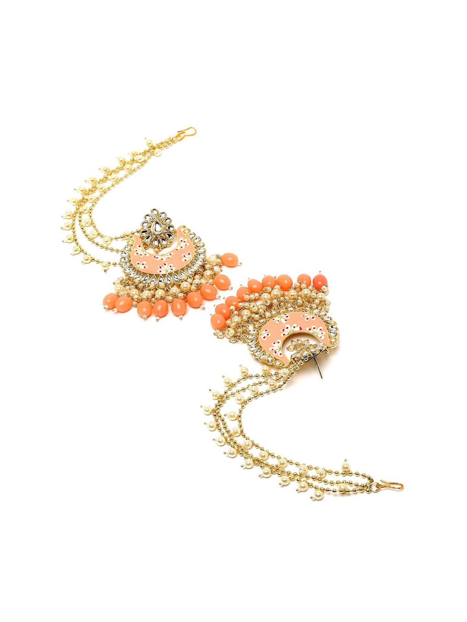 Karatcart Peach Meena Floral Design Gold Plated Pearl and Tumble Studded Kundan Kaanchain Earrings