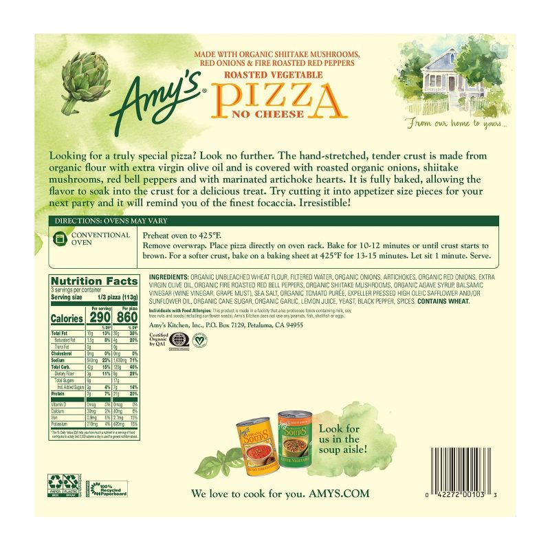 Amy's Roasted Vegetable No Cheese Frozen Pizza - 12oz