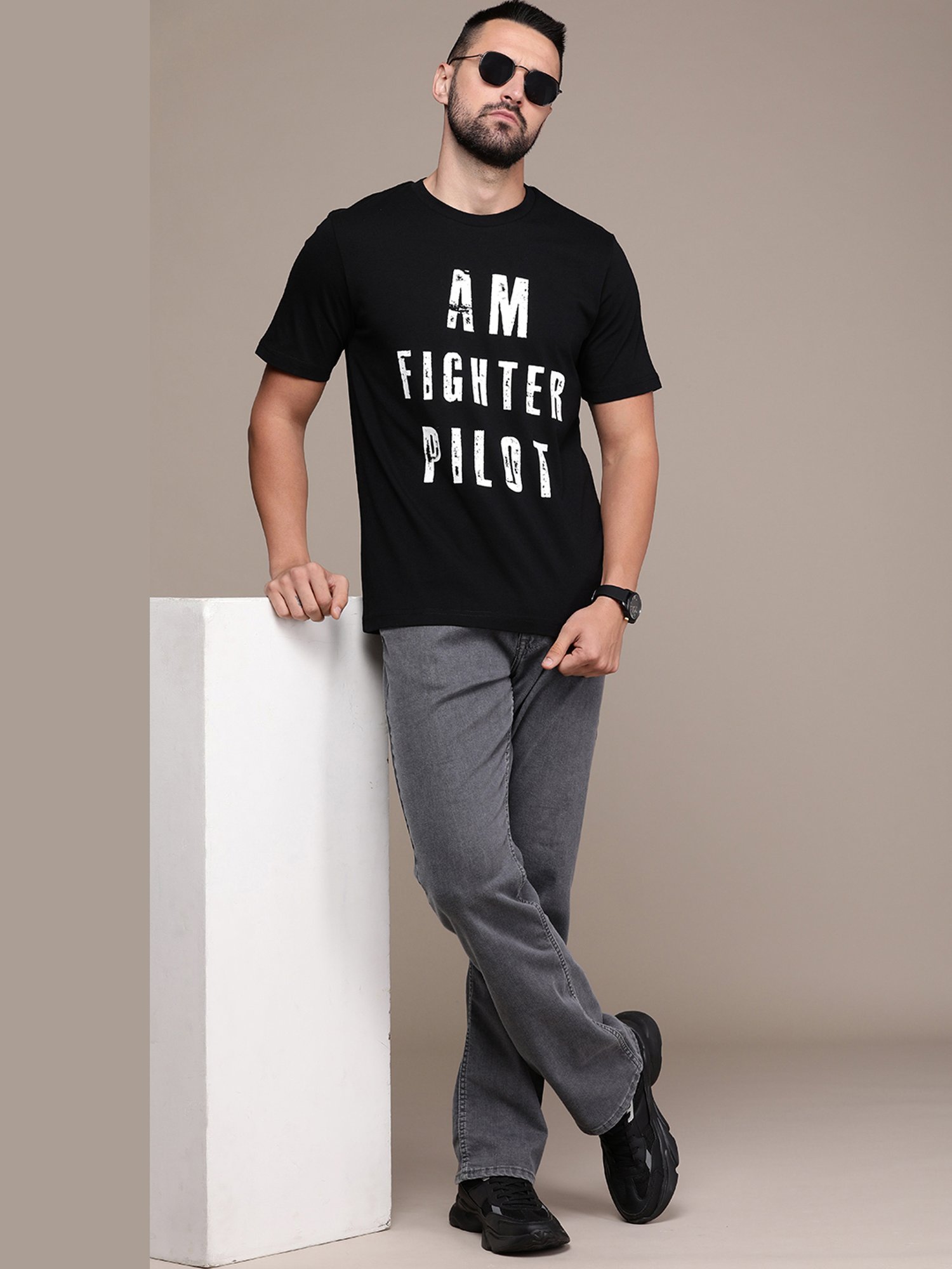 Burnt Umber Black Regular Fit Printed Crew T-Shirt