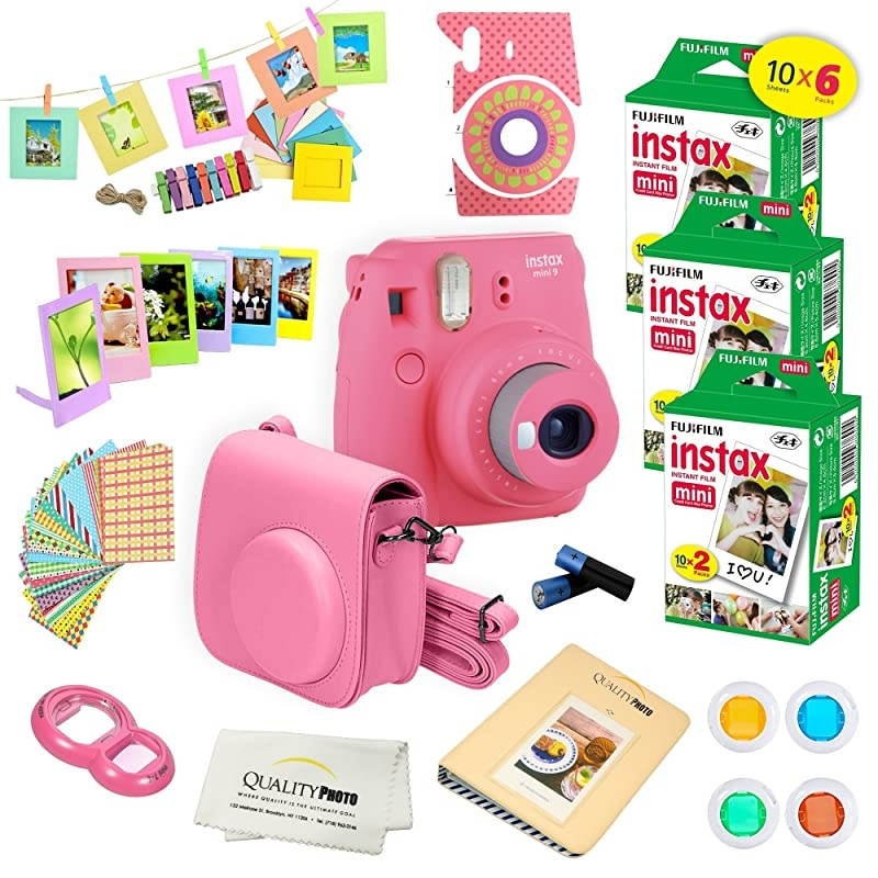 Instax Mini 9 Instant Camera Flamingo Pink w/ Instax Mini 9 Instant Films (60 Pack) + A14 Pc Deluxe Bundle for  Instax Mini 9 Camera