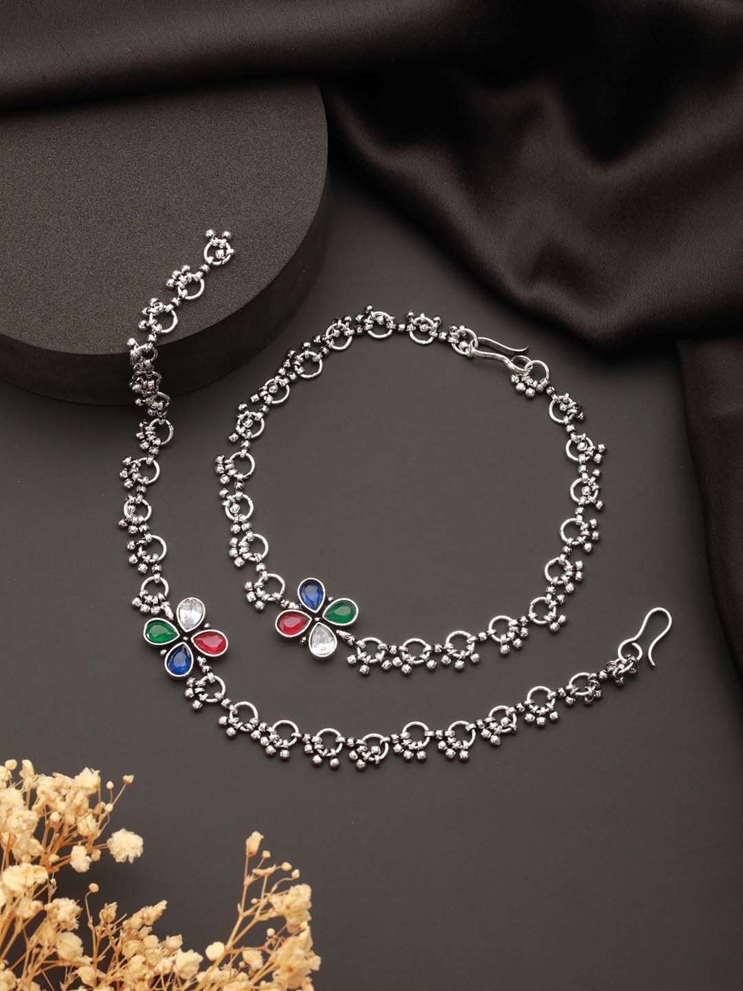 Saraf RS Jewellery Silver-Plated Multicoloured Stone Studded Floral Payal Anklets - Set of 2