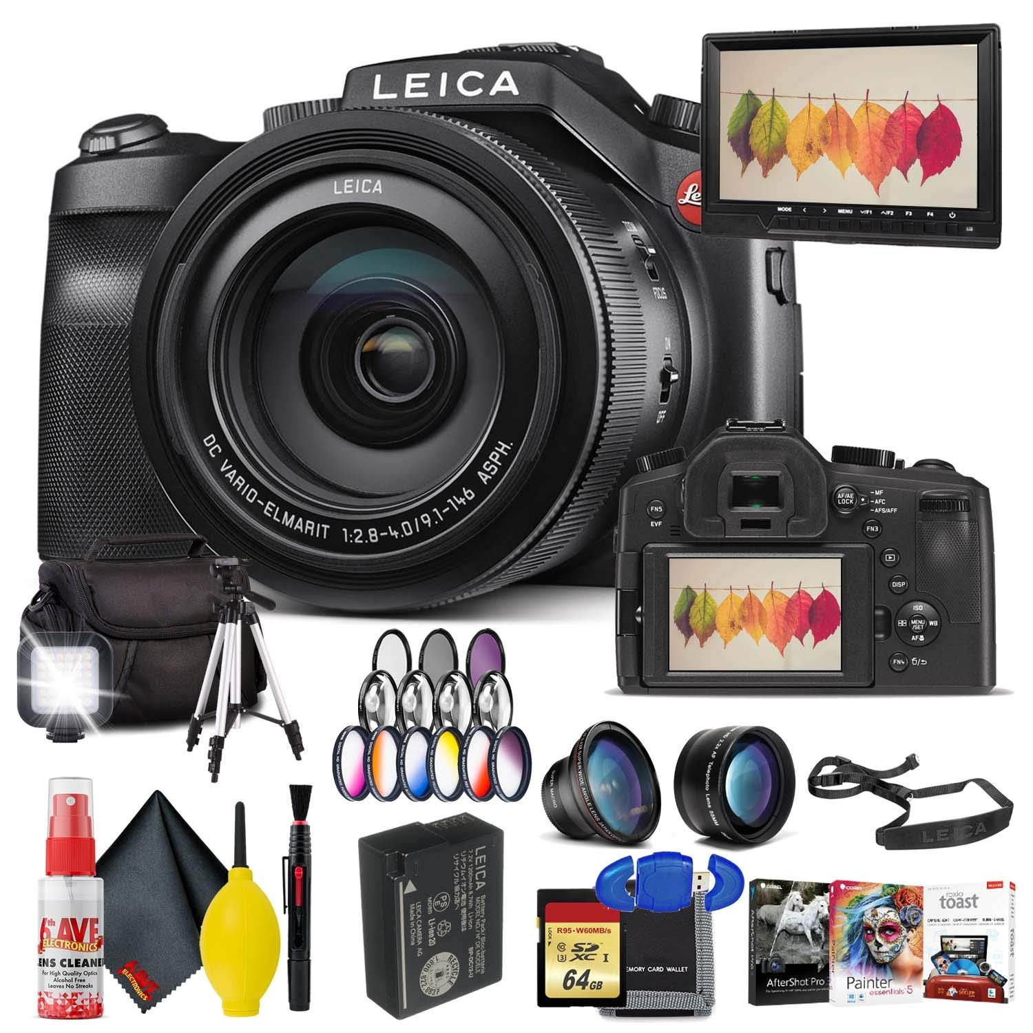 Leica V-LUX (Typ 114) Digital Camera Memory Card Kit, Filter Kit, Carrying Case, Tripod, LED Light, 7" Monitor AND Editing Software