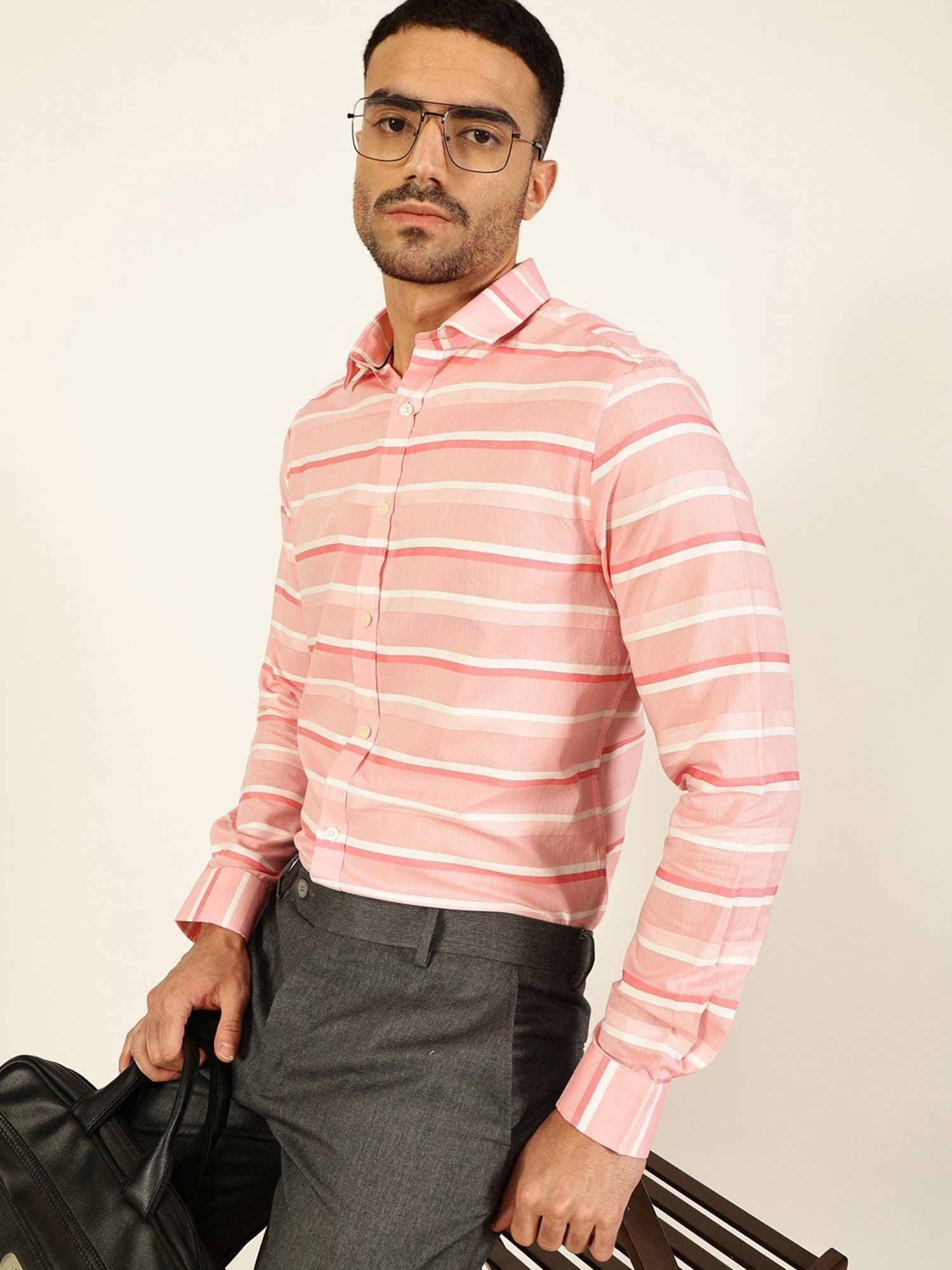 Thomas Scott Medium Pink Cotton Regular Fit Striped Shirt
