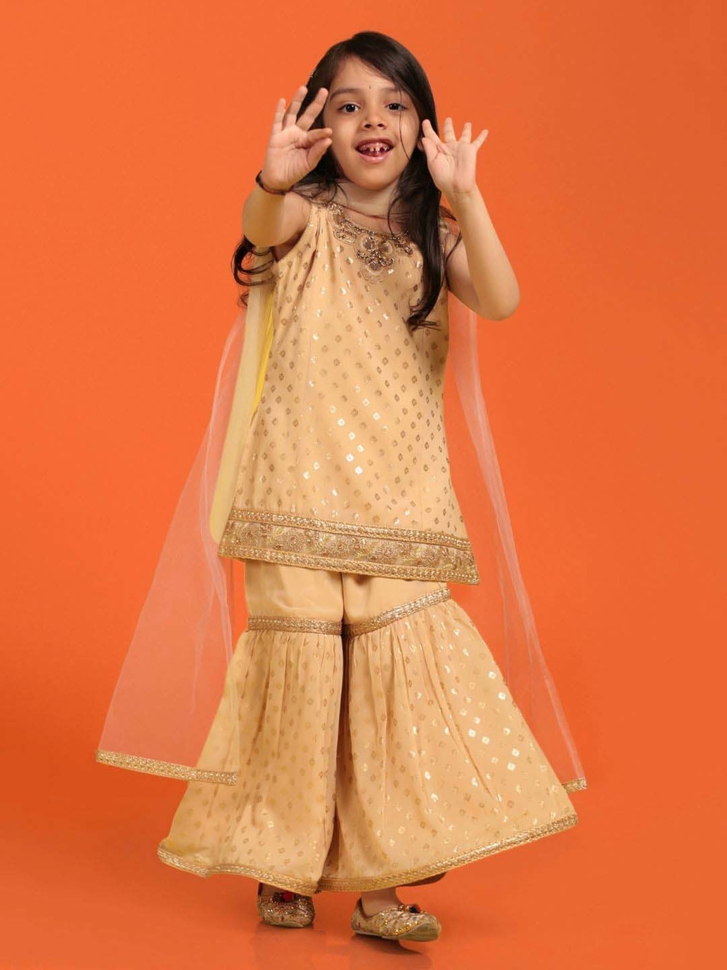 AJ Dezines Kids Sand Beige Embroidered Kurta Set