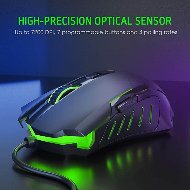 Gaming Mouse Wired 7200 DPI Programmable Breathing Light Ergonomic Game USB Computer Mice RGB Gamer Desktop Laptop PC Gaming Mouse 7 Buttons for Windows 7810XP Vista Linux Black