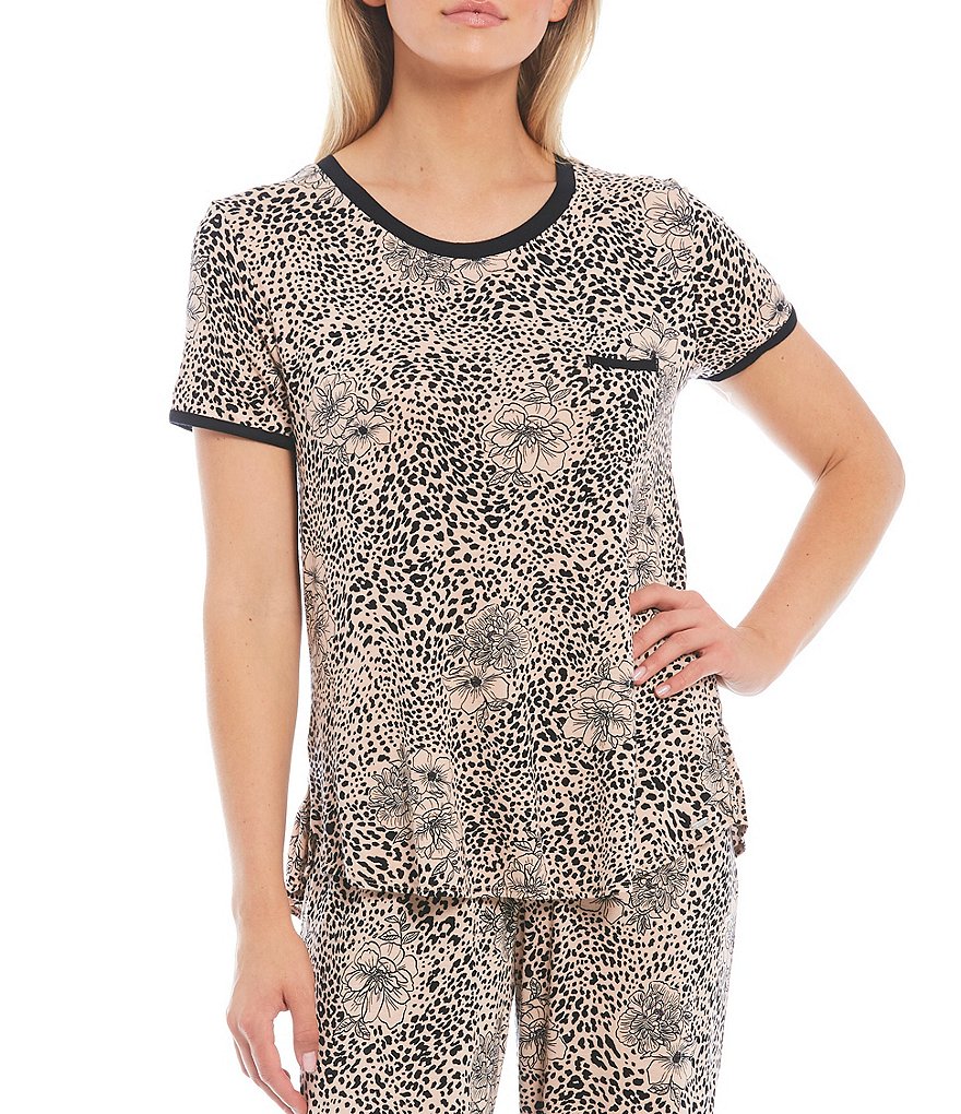 Kensie Animal Print Jersey Knit Round Neck Short Sleeve Coordinating Sleep Top