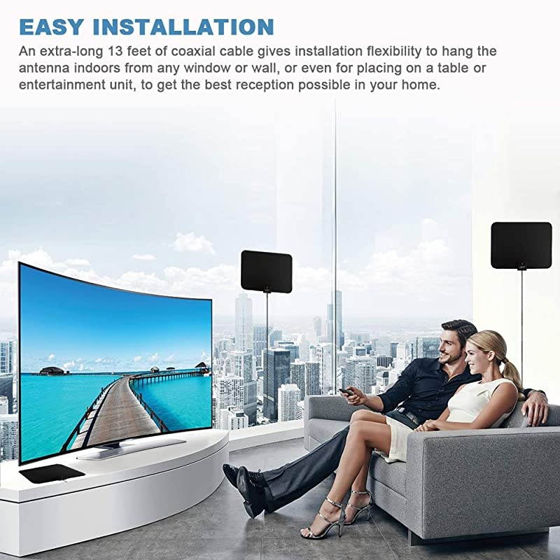 Digital Amplified Indoor HD TV Antenna - Amplifier Signal Booster & 13ft Coax Cable - Support 4K 1080p VHF UHF Freeview Television Local Channels