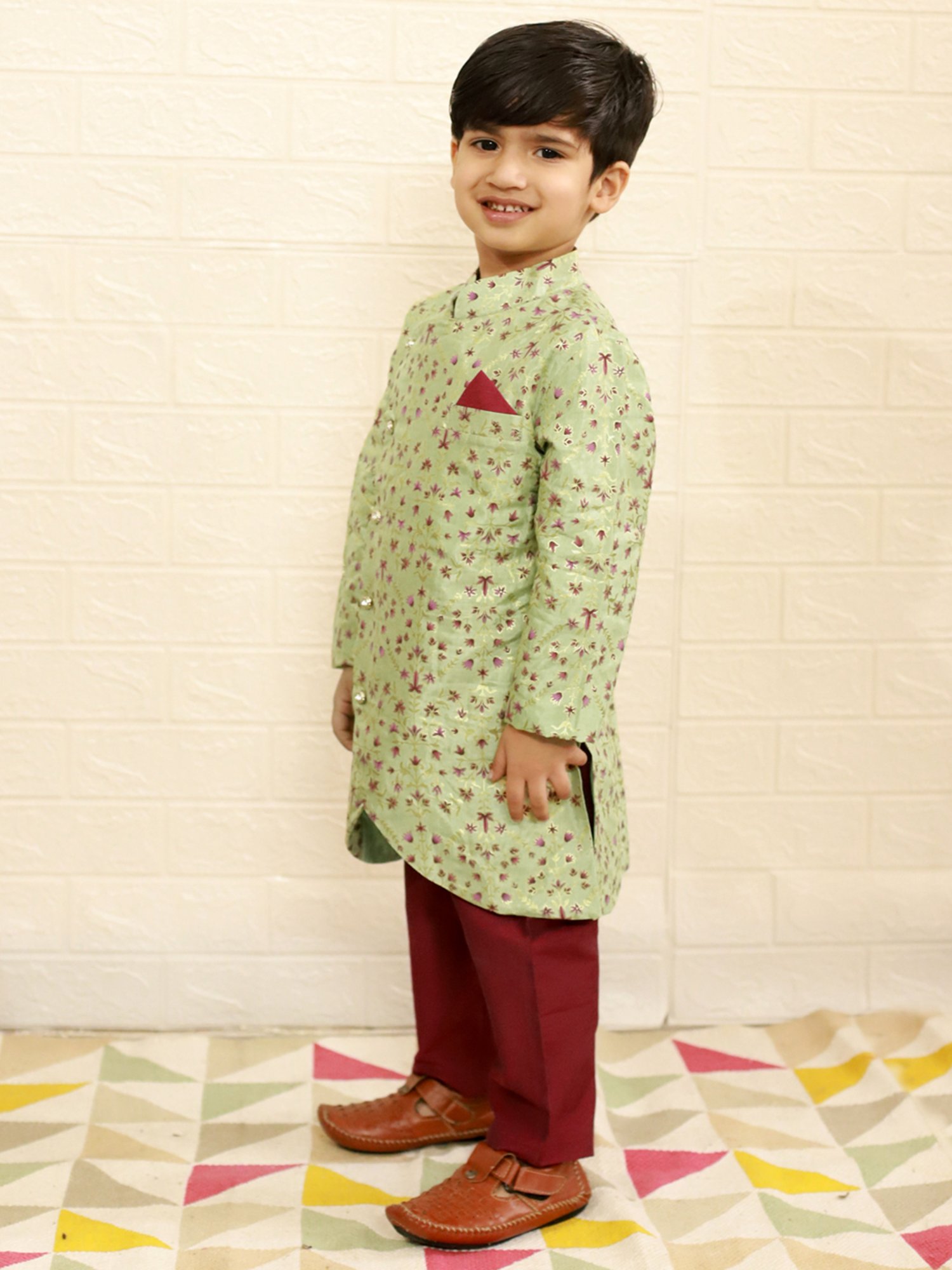 Lil Drama Kids Light Green & Maroon Floral Print Full Sleeves Kurta with Pyjamas