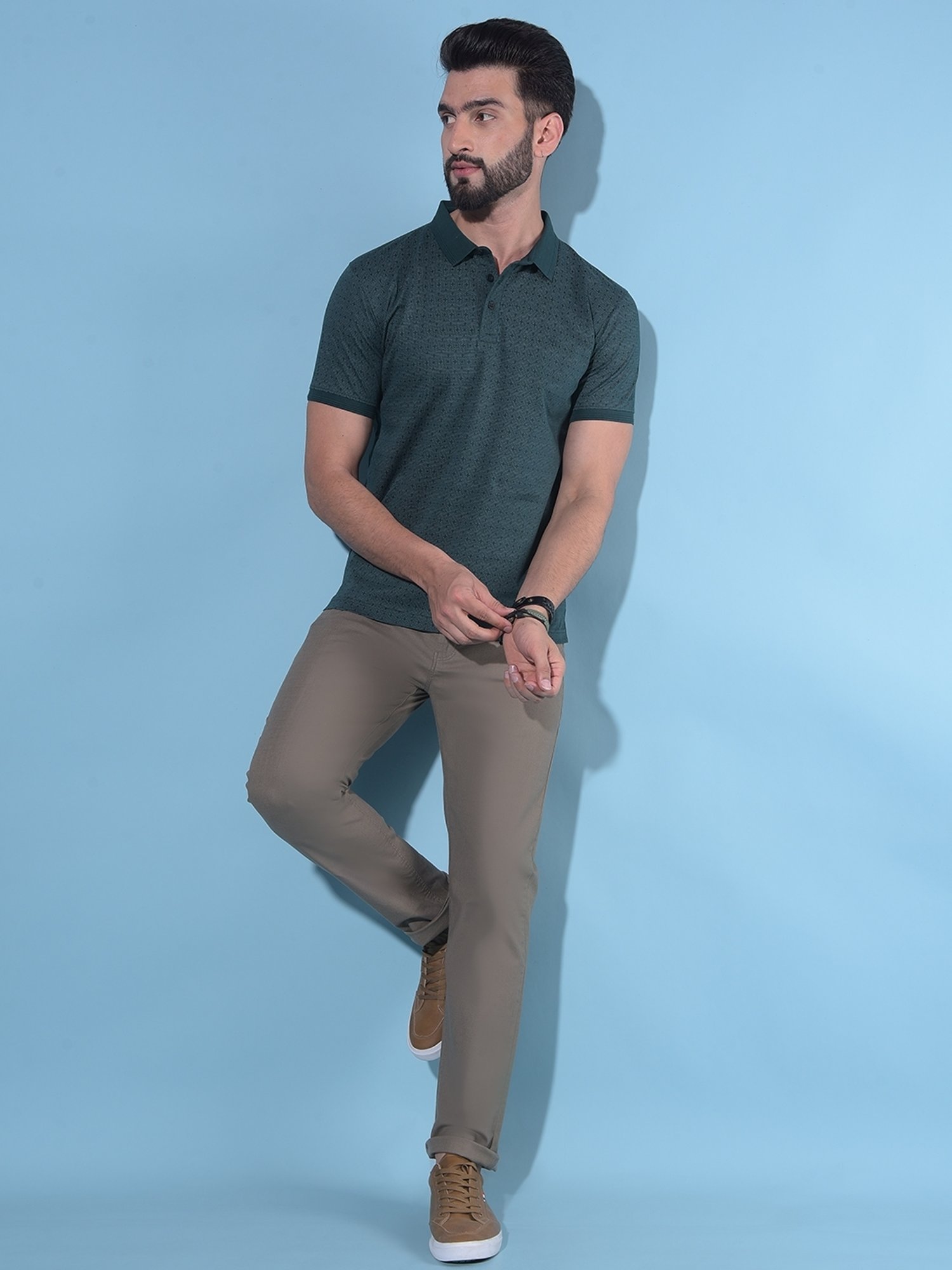 Crimsoune Club Green Cotton Slim Fit Printed Polo T-Shirt