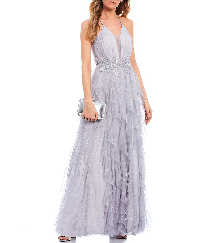 Teeze Me Spaghetti Strap Plunged-Neck Lace-Up Back Embroidered-Waist Mesh Corkscrew Dress