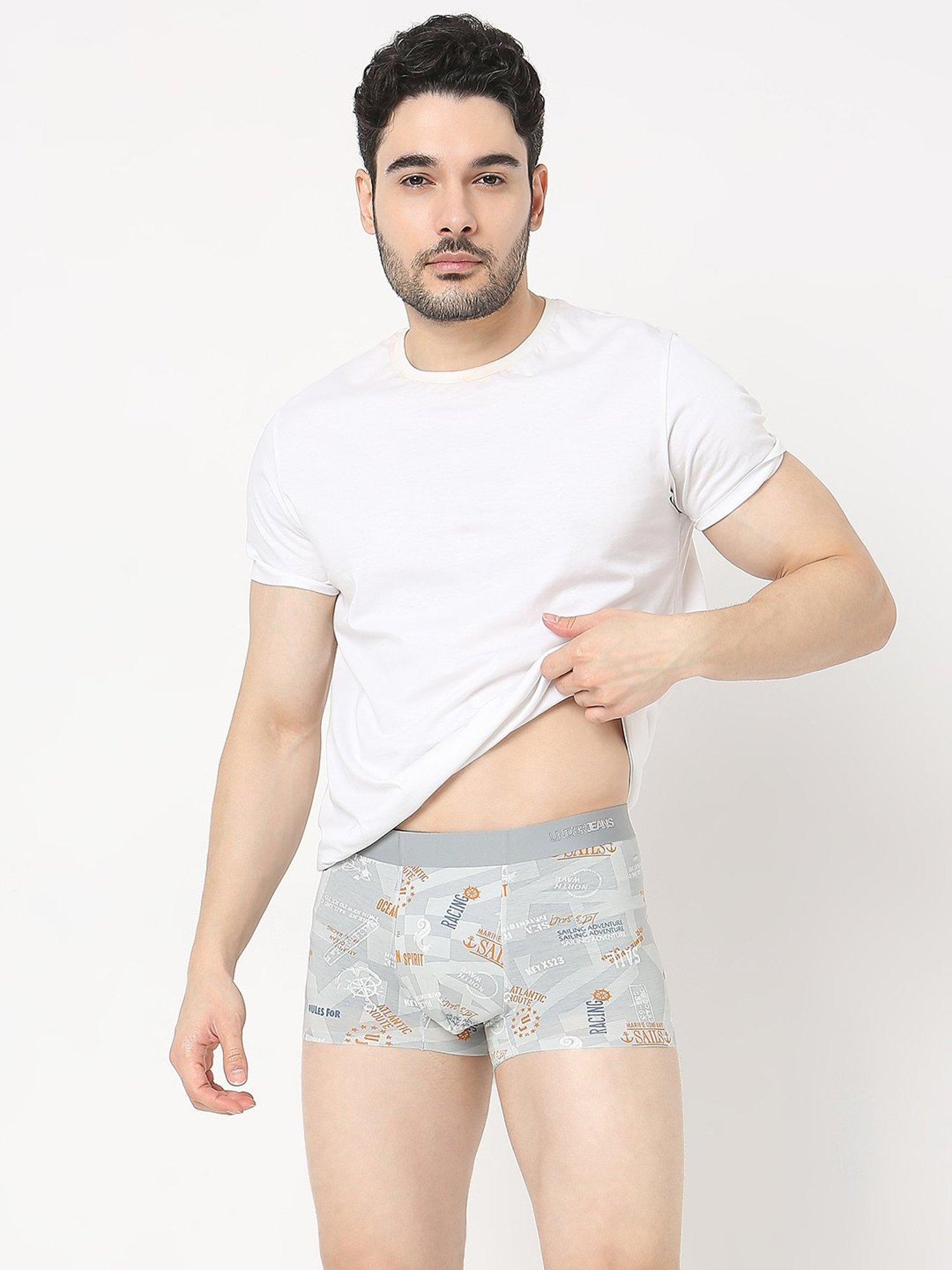 UnderJeans by Spykar Light Grey Regular Fit Printed Trunks