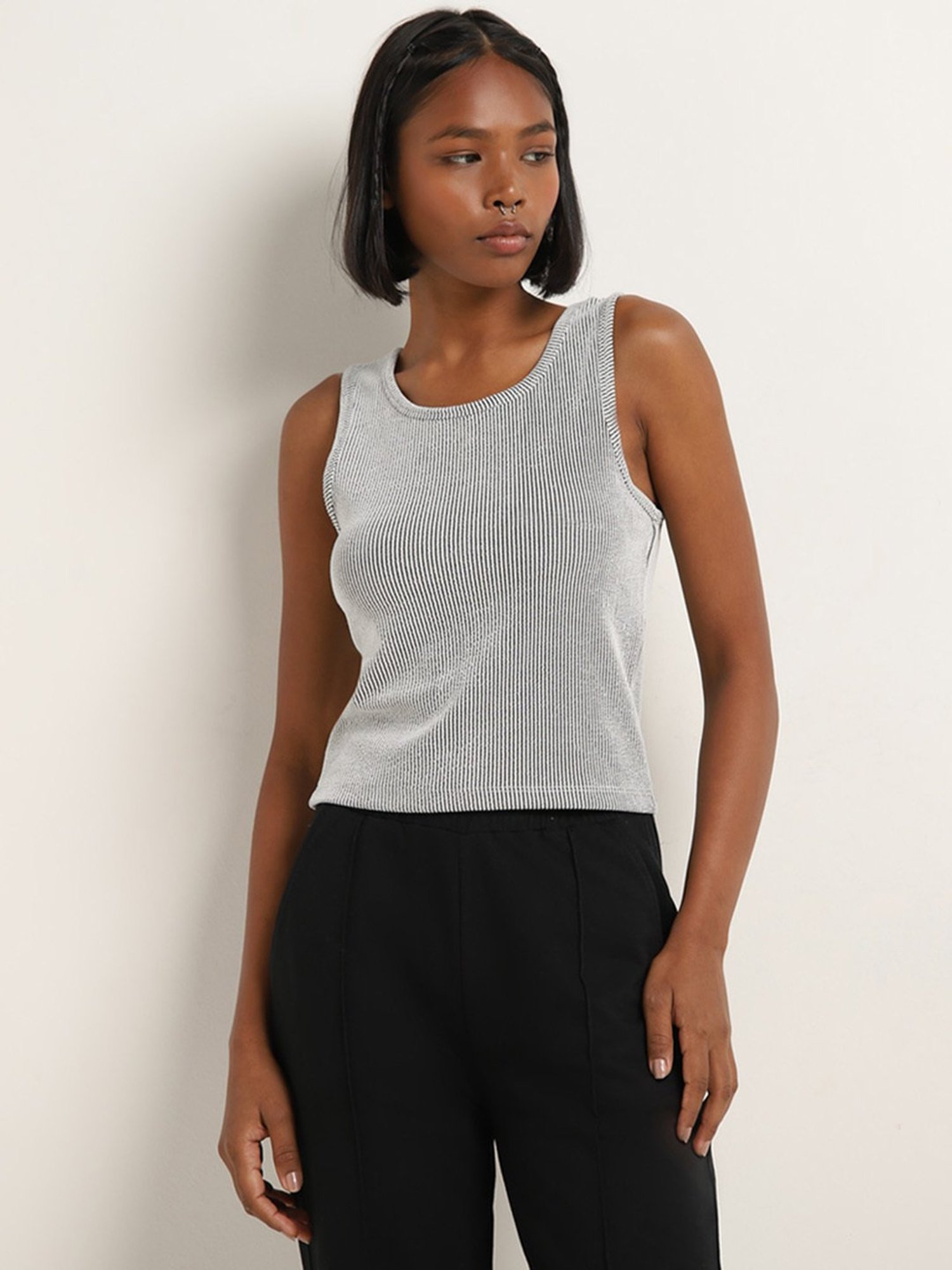 Studiofit by Westside Black & White Ribbed Cotton Top