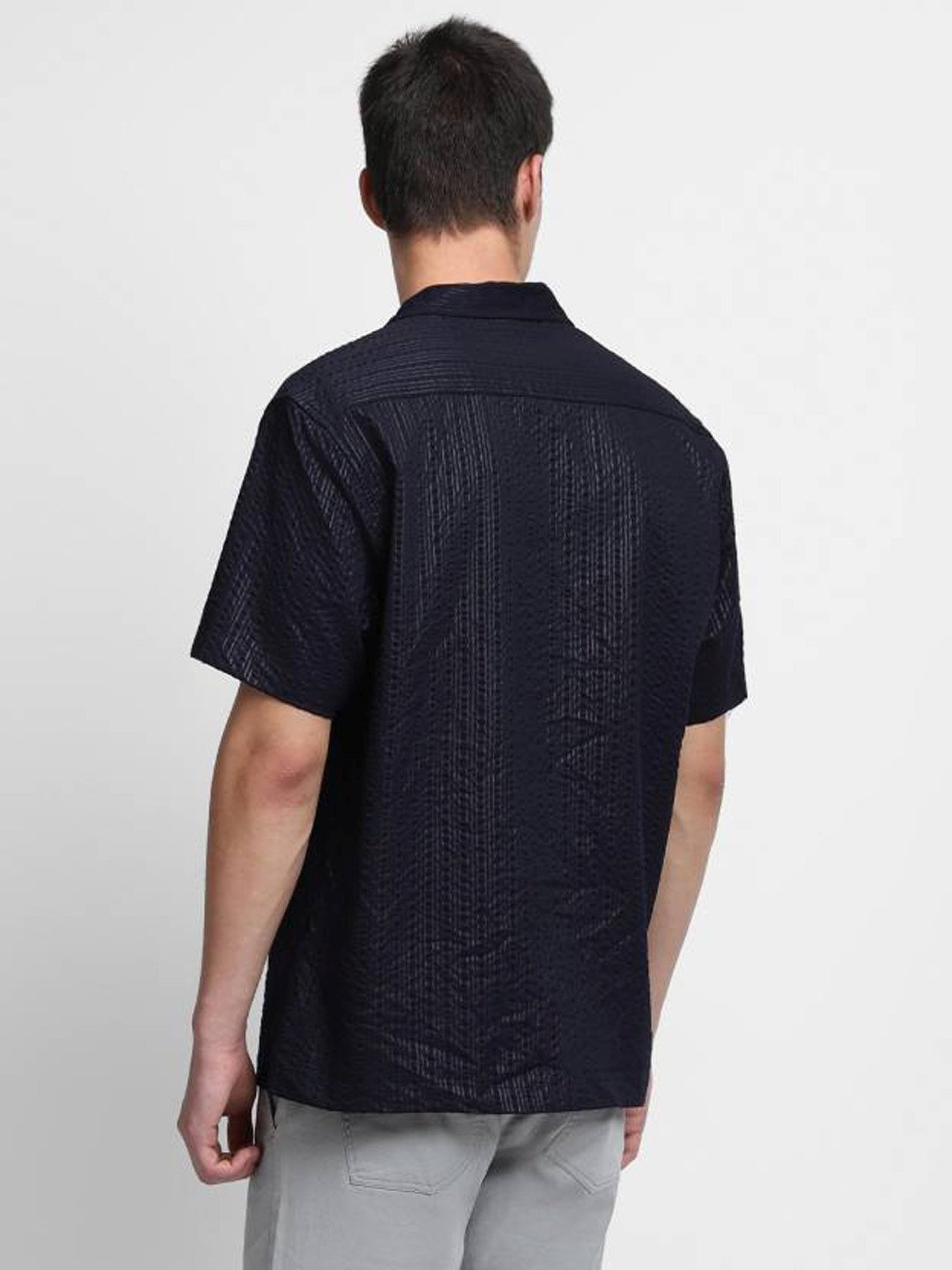 Dennis Lingo Navy Cotton Slim Fit Self Pattern Shirt