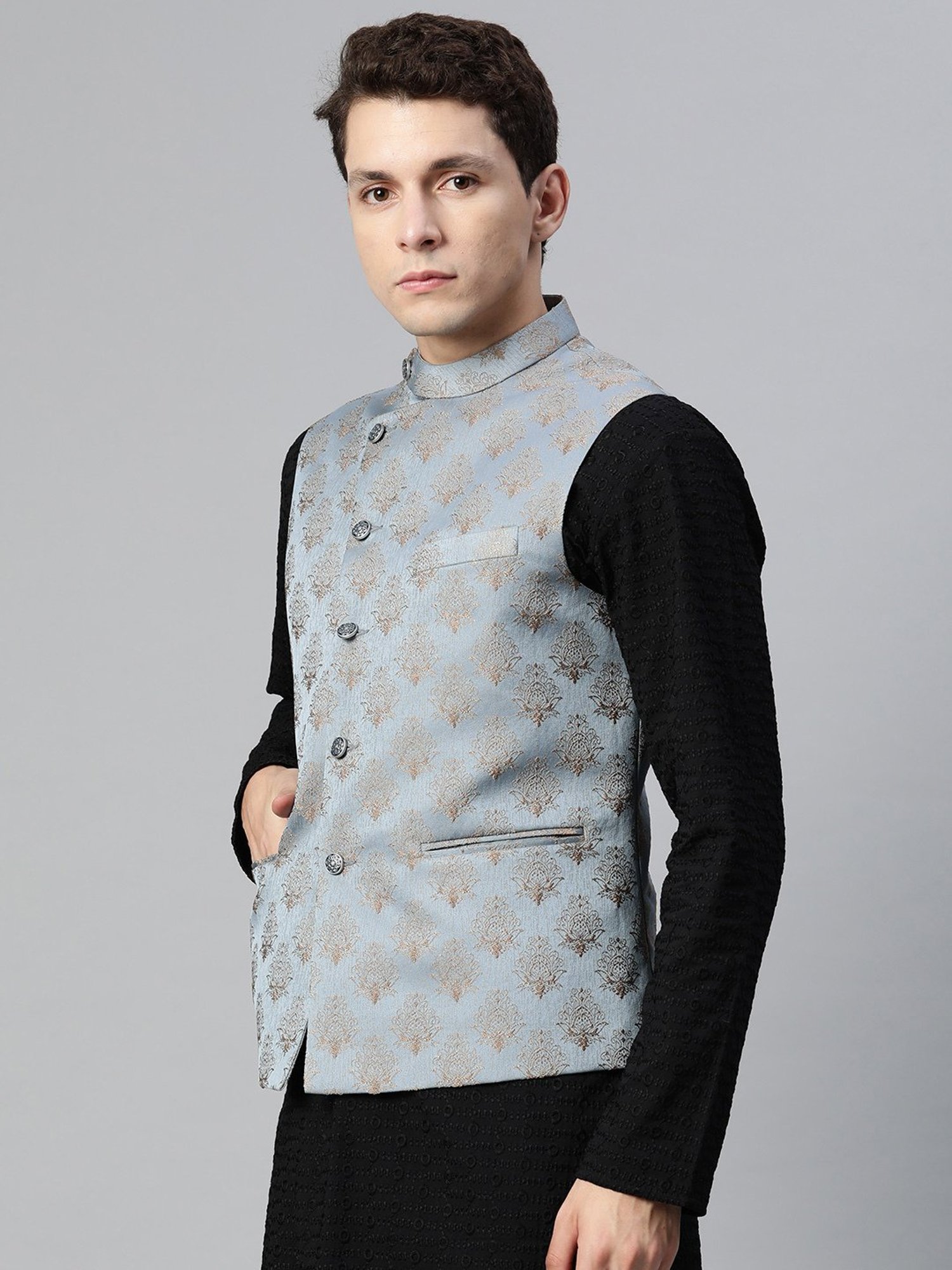 ManQ Blue Slim Fit Nehru Jacket