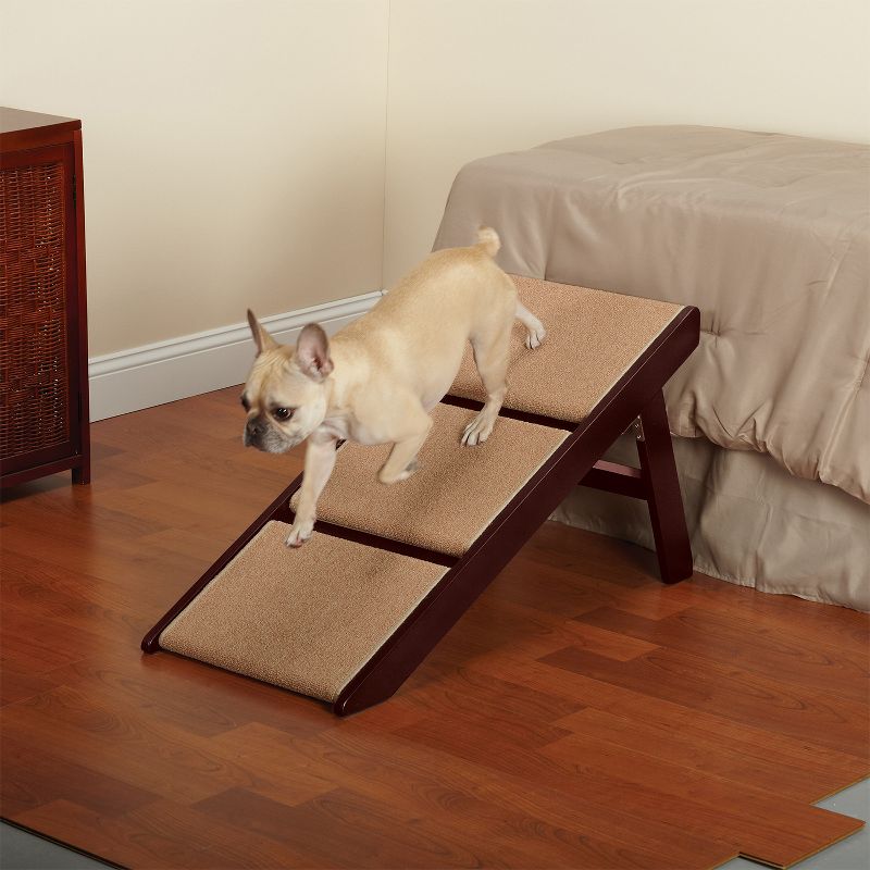 Pet Studio Convertible Foldable Dog Ramp with 3 Non Slip Carpeted Steps and Durable Pine Frame, Mahogany Brown Finish