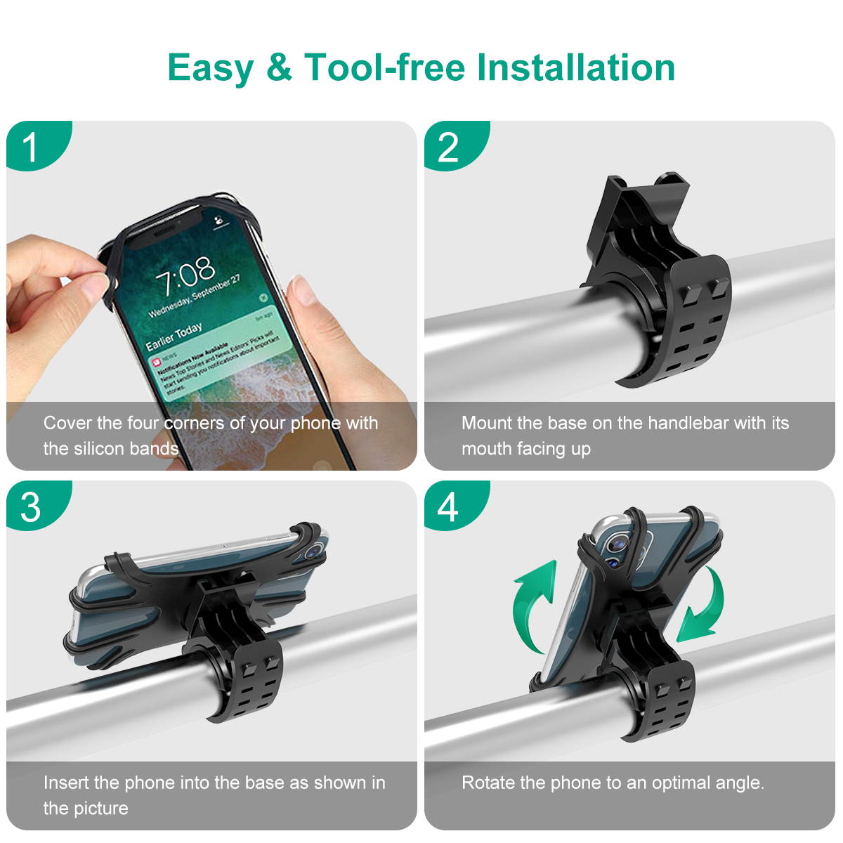 Minthouz Bike Phone Mount, Detachable 360&deg; Rotation Motorcycle/Mountain Dirt Bike/Scooter Phone Mount, Adjustable Universal Silicone Phone Holder Accessory, Compatible with all 4.5''~7'' Cellphones