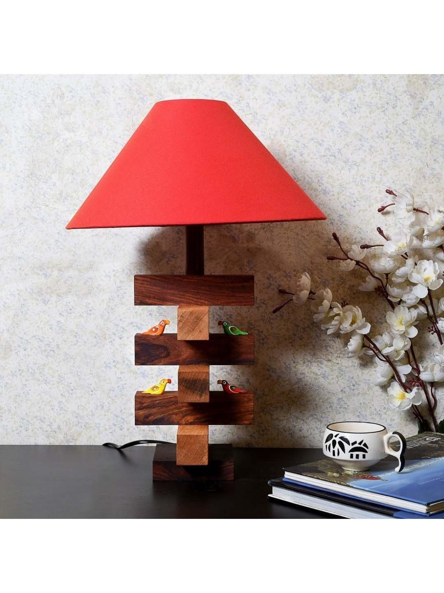 Unravel India Red & Brown Wood Table Lamp - Set of 1