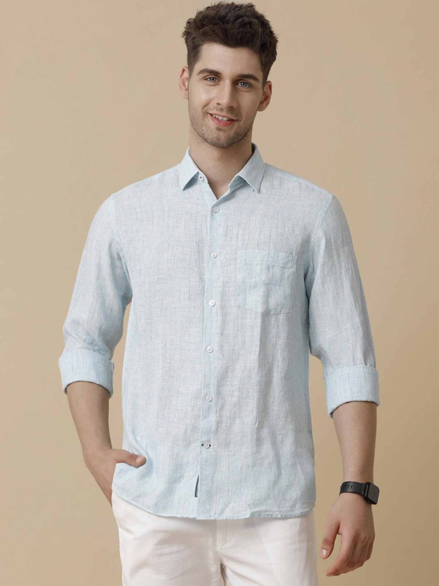 Linen Club Blue Linen Contemporary Fit Striped Shirt