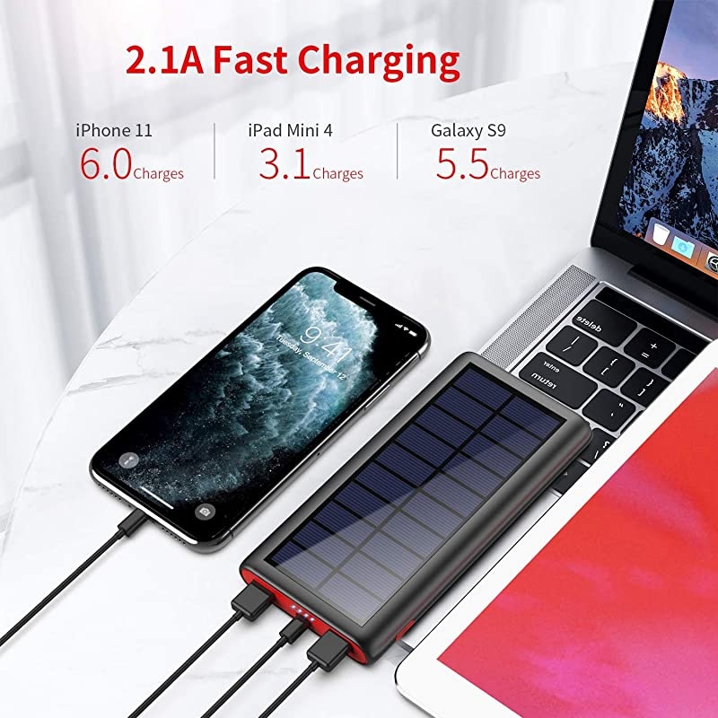 Solar Charger 26800mAh, Outdoor Power Bank,High Capacity External Backup Battery Pack with 4 LED Lights,Dual USB Ports Charging for Cellphones Tablets,iPad,GoPro Camera and More