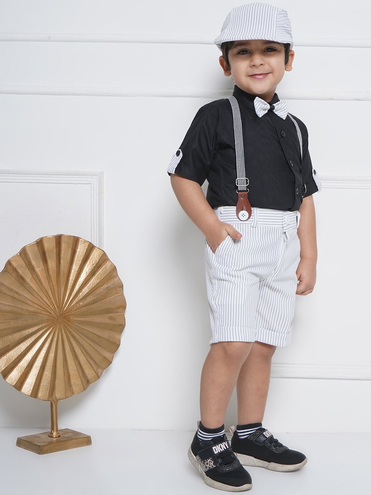 AJ Dezines Kids Black & White Striped Shirt, Shorts, Suspender, Bow with Cap