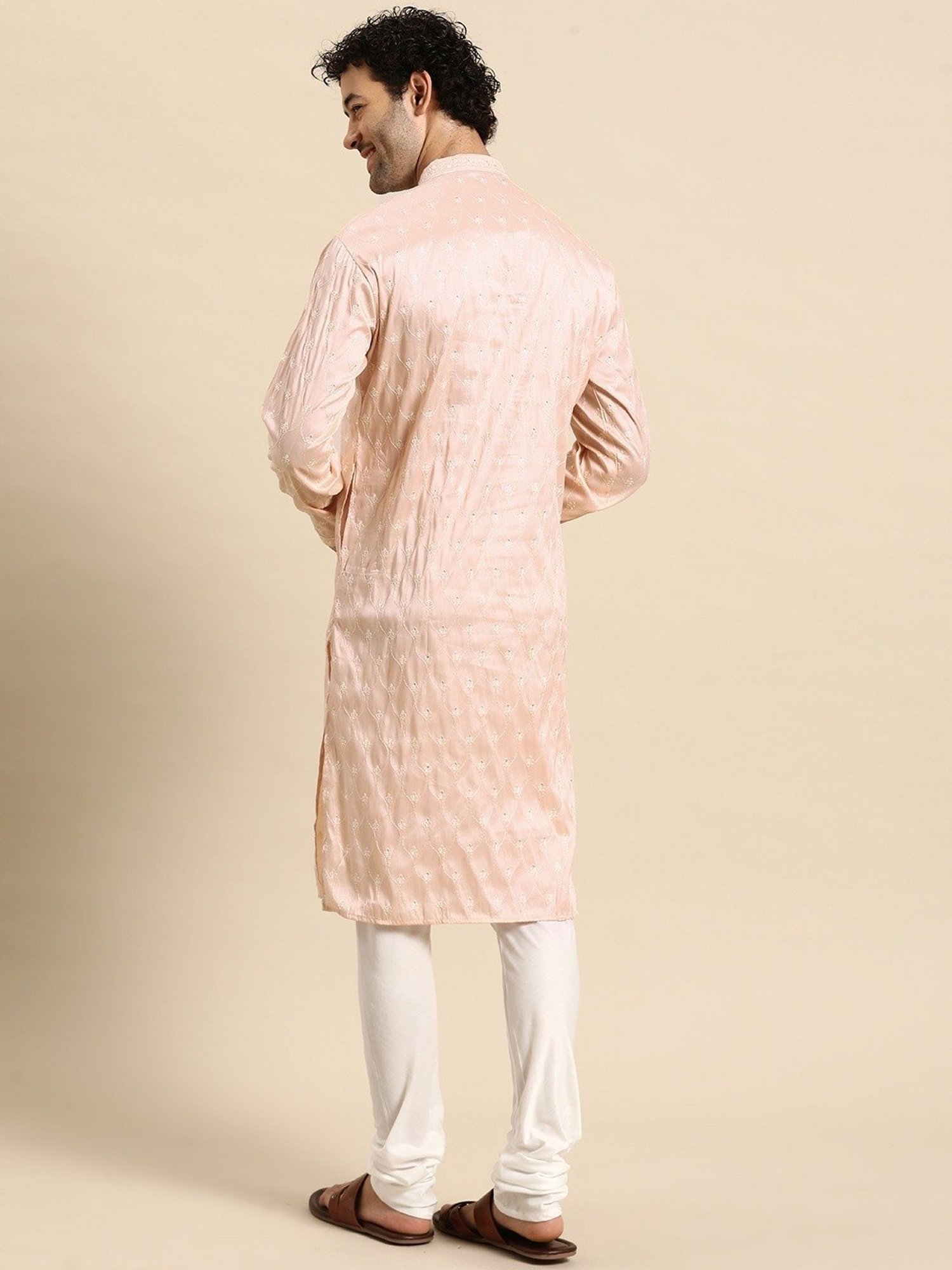 ManQ Peach & White Regular Fit Embroidered Kurta Bottom Set